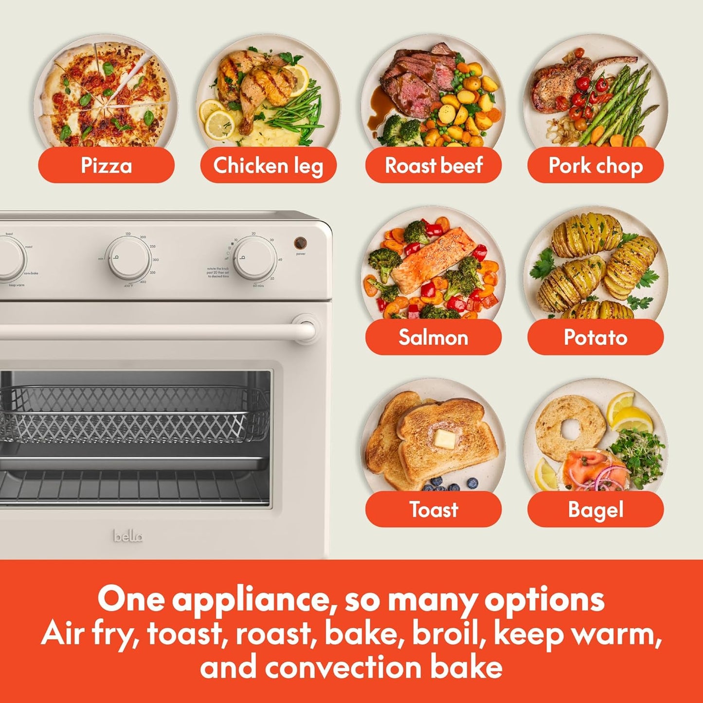 bella Air Fry Toaster Oven, 7 Preset Cooking Options, Dishwasher-Safe EverGood Coated Trays Included, 60-Minute Auto Shutoff w Audible Timer, Power Indicator Light, 1700 Watt, Oatmilk