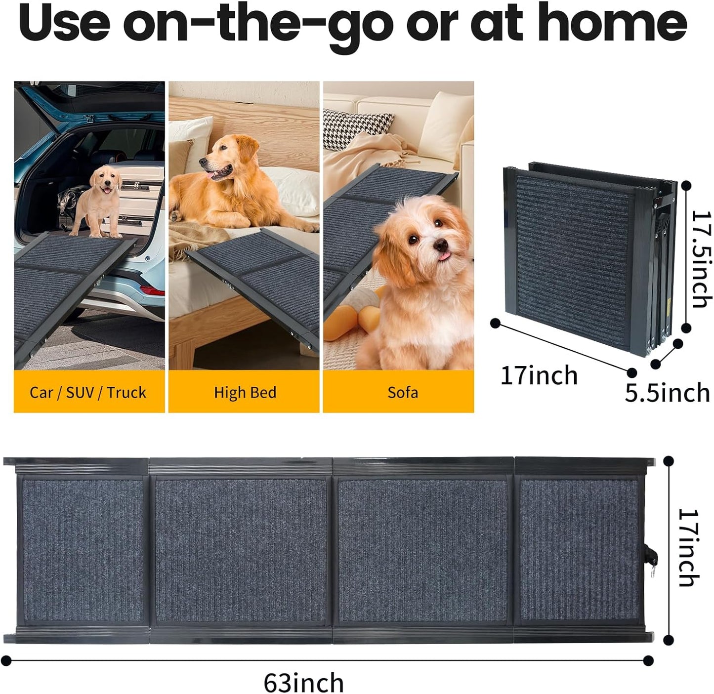 PawStep 63” x 17” Foldable Aluminum Dog Ramp – 63-Inch Length for Standard Cars & SUVs, 250 lb Capacity, Lightweight Four-Fold Portable Pet Ramp (51014)