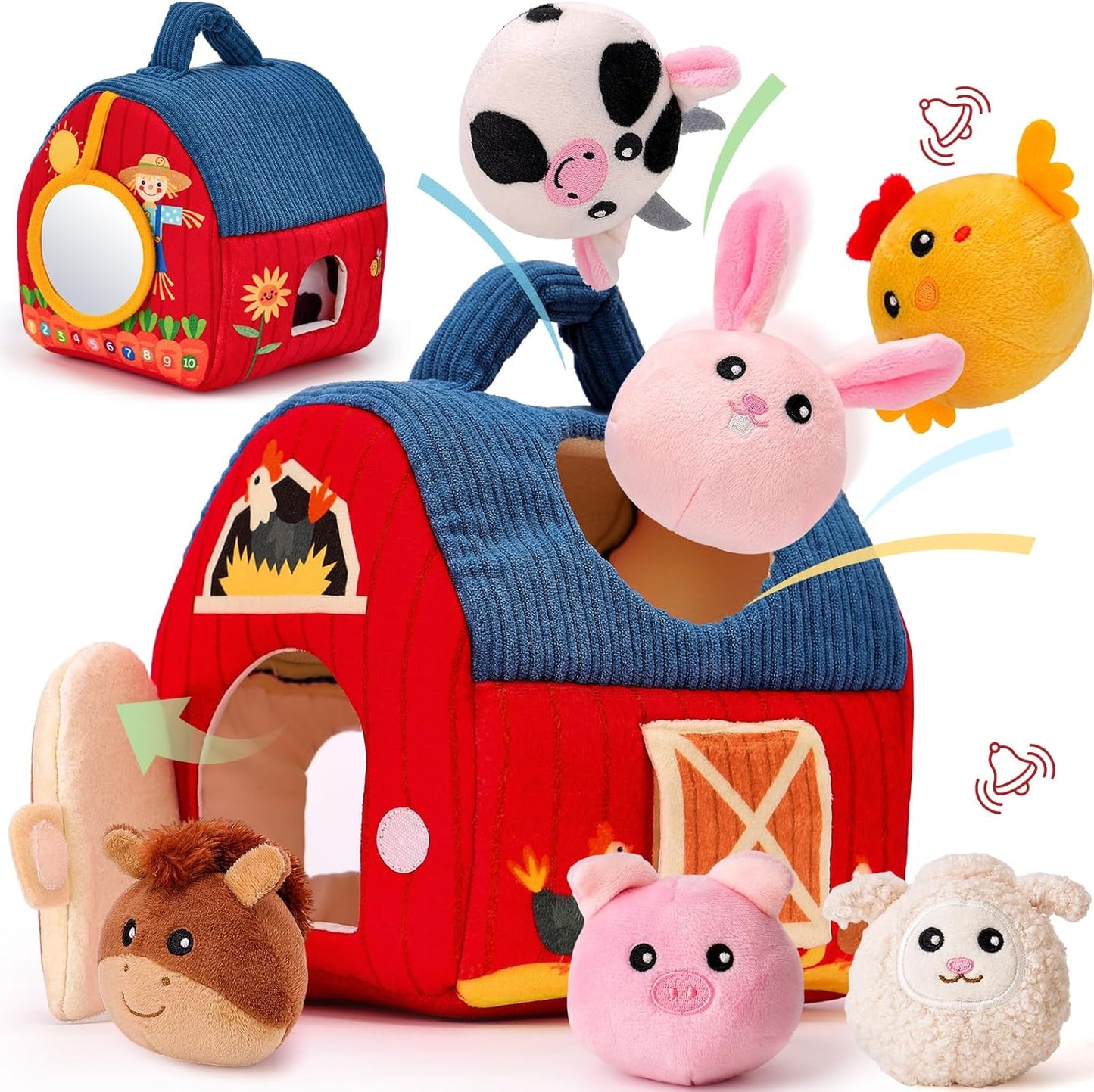hahaland Baby Toys 6-12 Months - Surprise Barn Stuffed Farm Animals, Rattle, Crinkle, Mirror, Montessori Toys for 6 Month Old Sensory Balls 1-3 Plush Toy Girl Boy Gifts Baby Easter Basket Stuffers