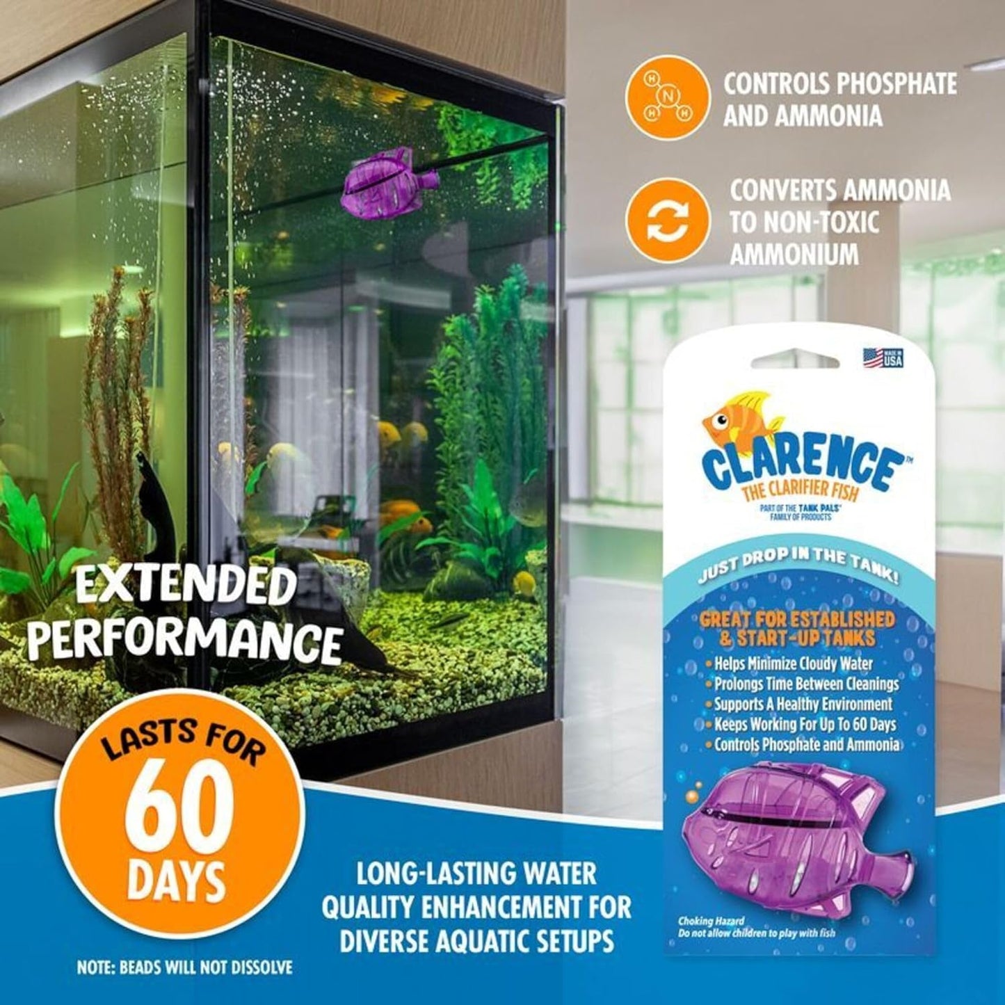 Clarence the Clarifier Fish - 1 pk, Purple - Aquarium Treatment, Clear Cloudy Fresh-Saltwater, Fish-Plant Safe, 10gal Tank Maintenance Each