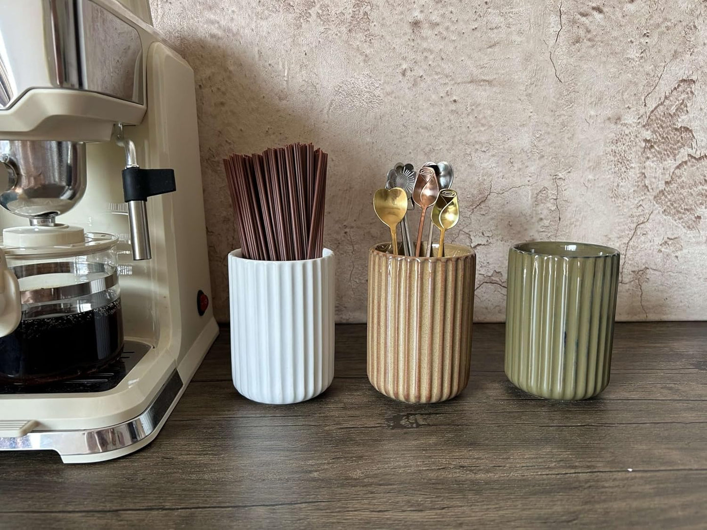Stoneware Coffee Bar Utensil Holder Tea & Coffee Spoon & Stirrer Holder for Stir Stick Straw Teaspoon Holder Spoon Cup Small Utensil Jar Fluted Vertical Stripe (Rustic Brown)