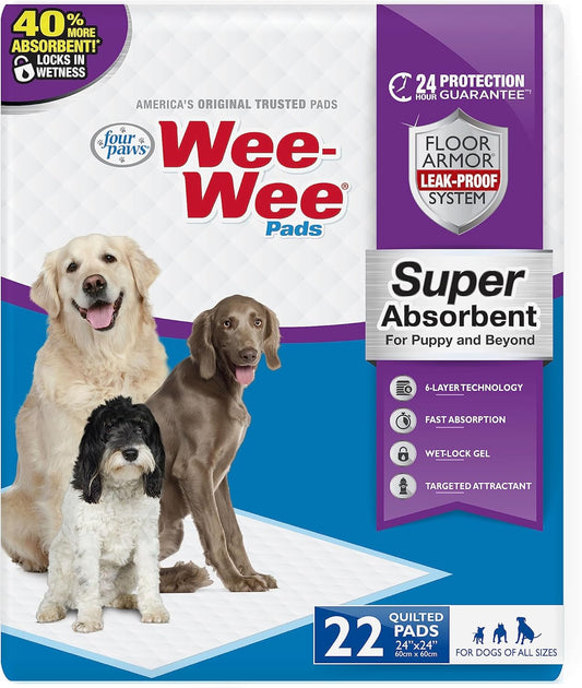 Four Paws Wee-Wee Super Absorbent Unscented Pee Pads for Dogs & Puppies with Insta-Rise Border, Leak-Proof Dog Housebreaking Potty Training Floor Protection, 24" x 24", 75 Count (Packaging May Vary)