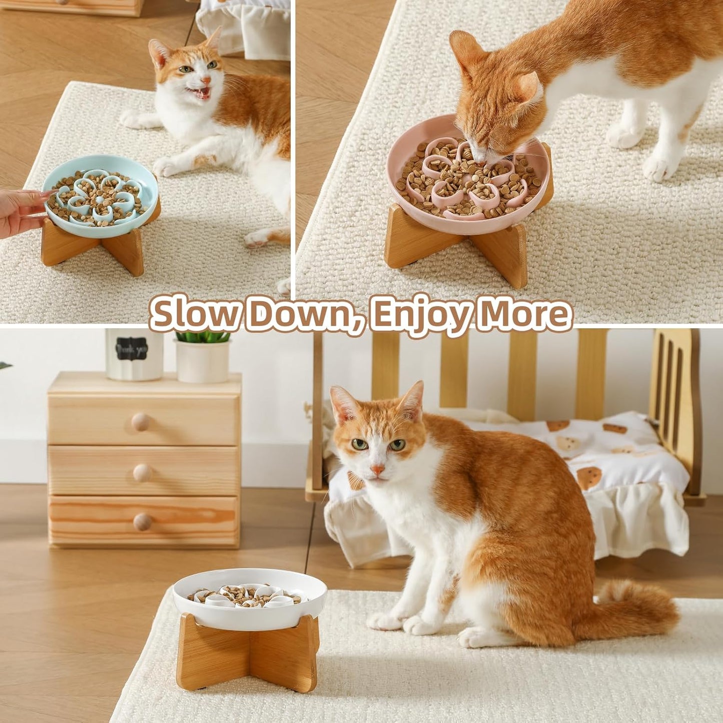 Elevated Slow Feeder Cat Bowl - Melamine Cat Dish with Anti-Slip Bamboo Stand - Whisker Friendly Feeding Bowl - Floral Maze Food Plate for Slow Eating - Pink