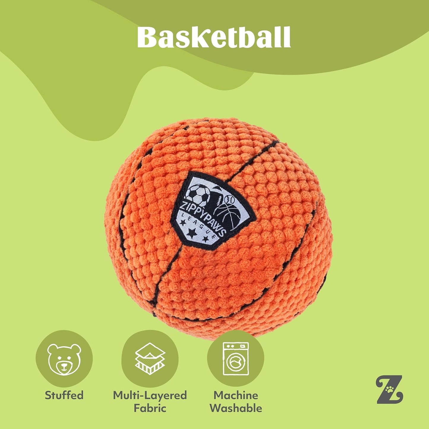 ZippyPaws SportsBallz - Dog Squeaky Toys to Keep Them Busy, Funny Plush for Small, Medium, & Large Dogs, Cute Stuffed Puppy Toy, Pet Products, Gift for All Breeds, Interactive Squeaker - Basketball