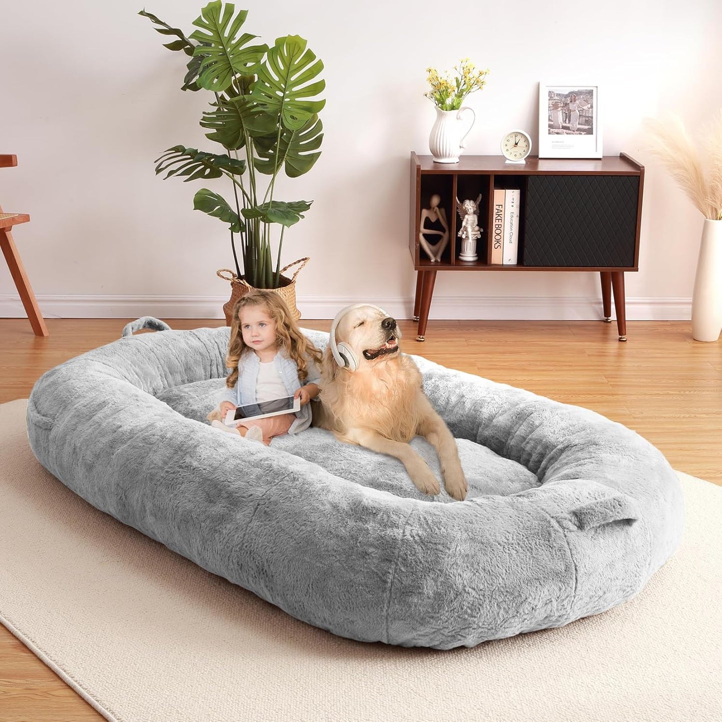 FairOnly Dog Bed for People Adults 71"x48"x14", Bean Bag Bed with Removable Cover, Bean Bag Floor Nap Bed for Adults, Light Grey