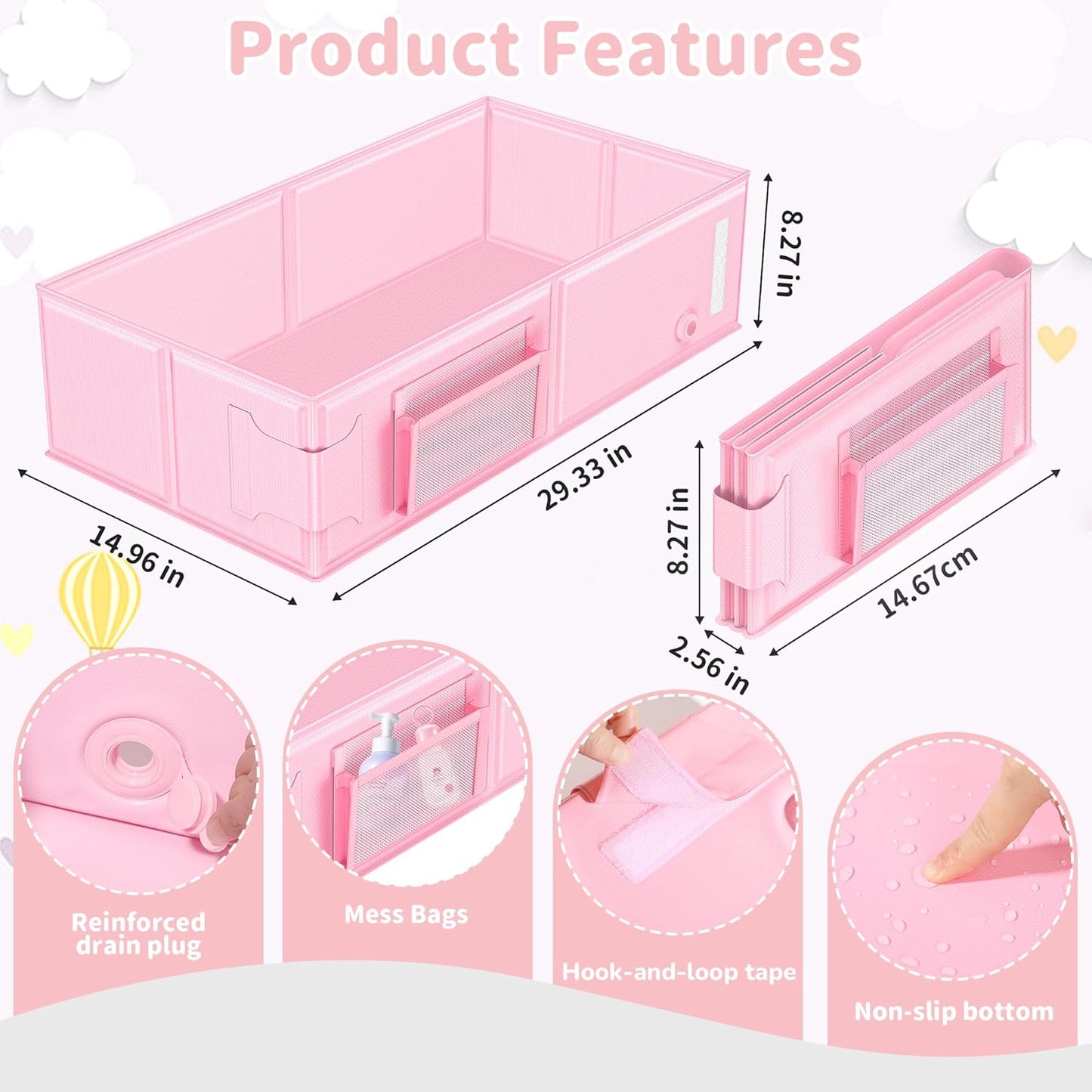 Baby Bathtub, Portable Bathtub with Cat-Patterned Bath Rinse Cup,Foldable Bath Tub for Small Bathroom,Toddler Tub for 6M-5Y,Baby Travel Essentials for Hotel,Camping & Beach