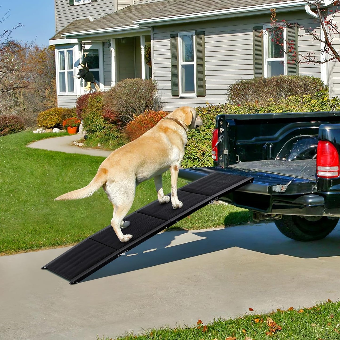 PRETYZOOM Dog Car Ramp 71 Inch Folding Portable Pet Ladder with Wide Non-Slip Steps for Large Dogs Supports up to 300 Lbs Safe Vehicle Access for Cars Suvs Trucks