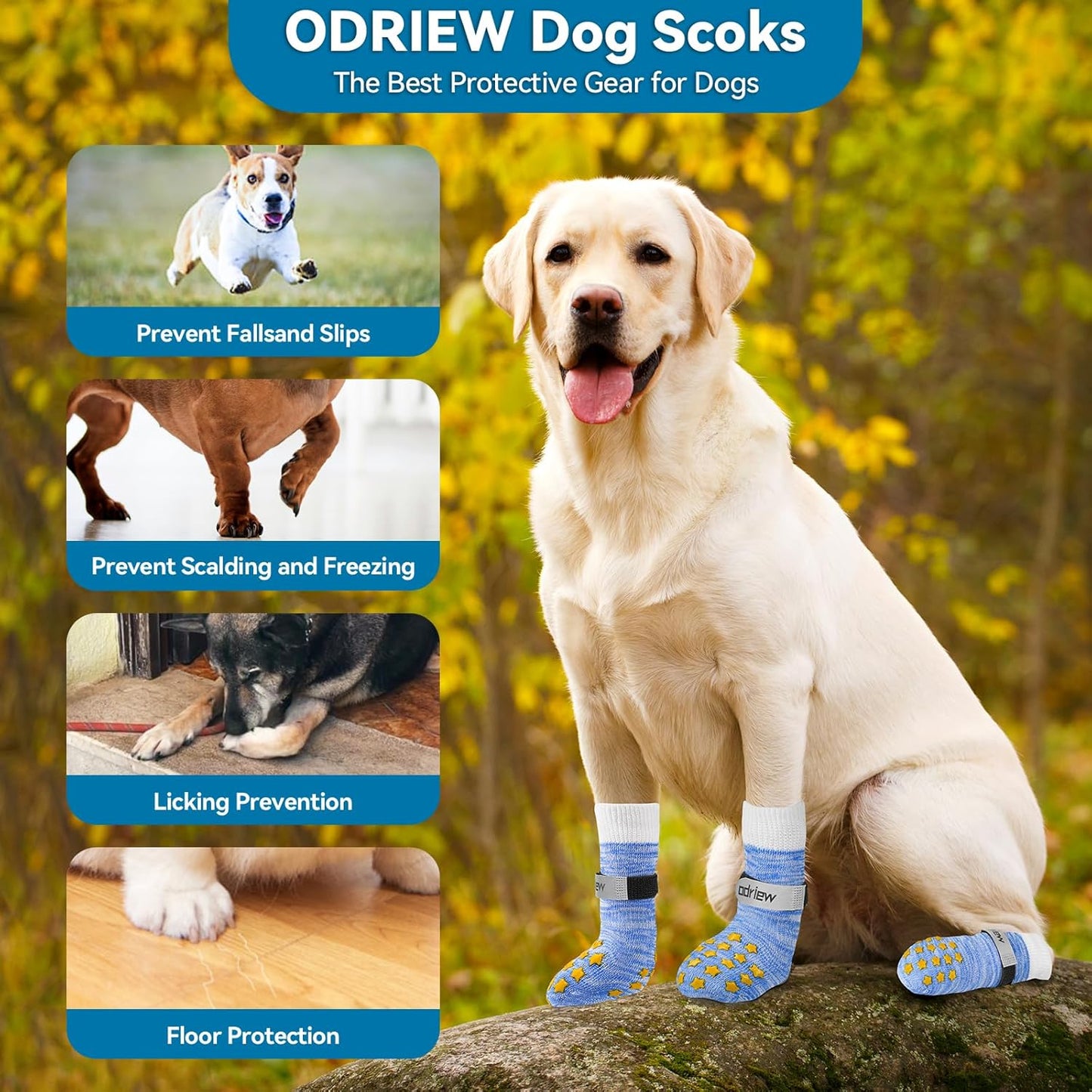 6 Pcs Dog Socks to Prevent Licking Paws, Dog Booties for Hardwood Floors Anti Slip, Socks for Dogs with Grippers to Prevent Scratching, Puppy Small Large Indoor Dogs Grip Socks (Blue, L)