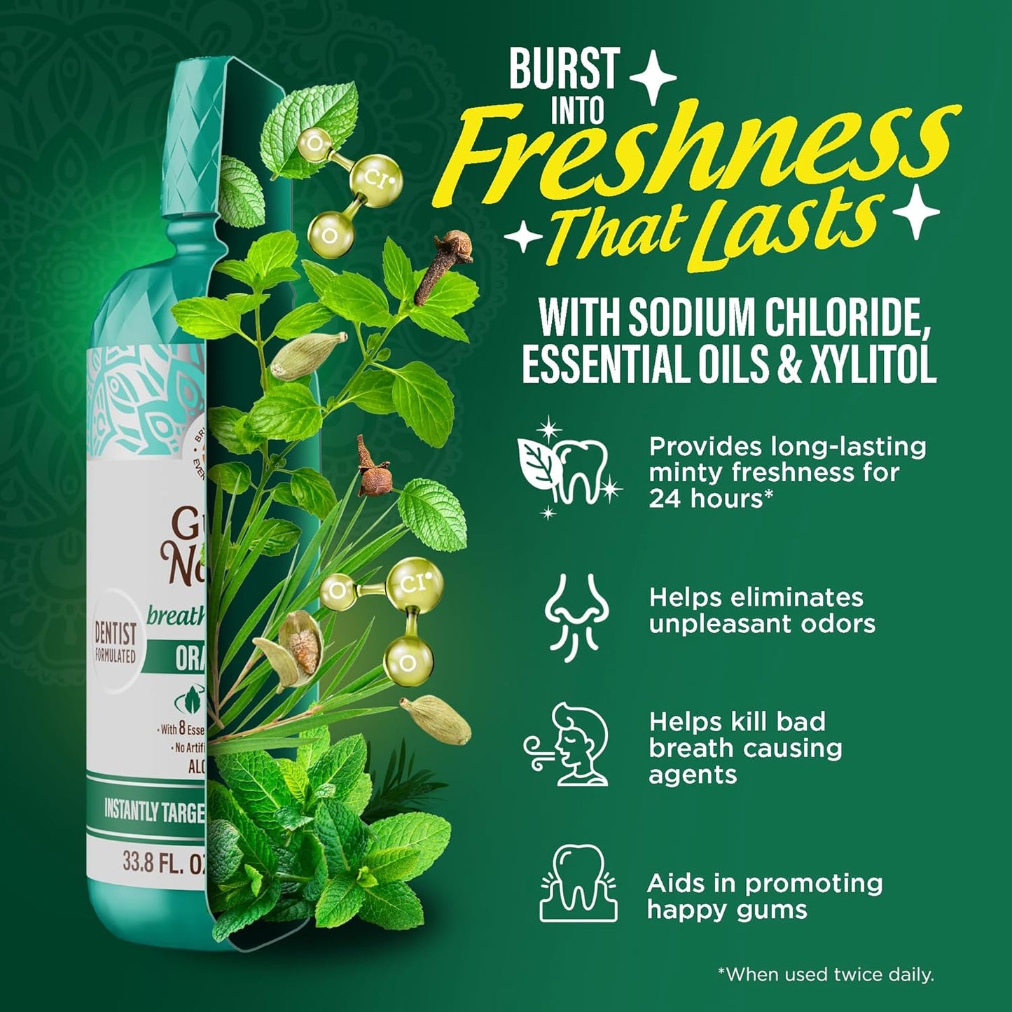 GuruNanda Fresh Breath Mouthwash, ADA-Accepted, Alcohol & Fluoride-Free, Sodium Chlorite, Essential Oils & Vitamins, 12-Hrs Fresh Breath, Wild Mint, 33.8 oz