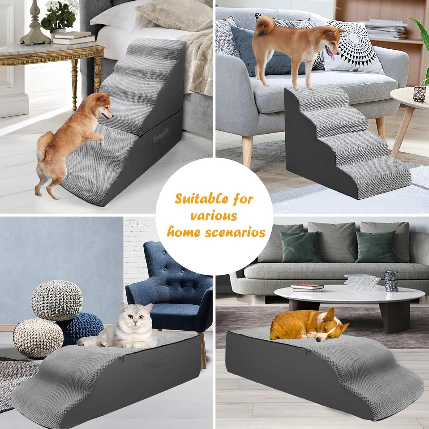 Dog Stairs&Steps for 30 Inches High Bed Up to 30-36 Inch Tall, Pet Cat Ramp Ladder for Small Dogs, Doggie, Old Cats, Kitty, Small Animals Grey No Assembly Required