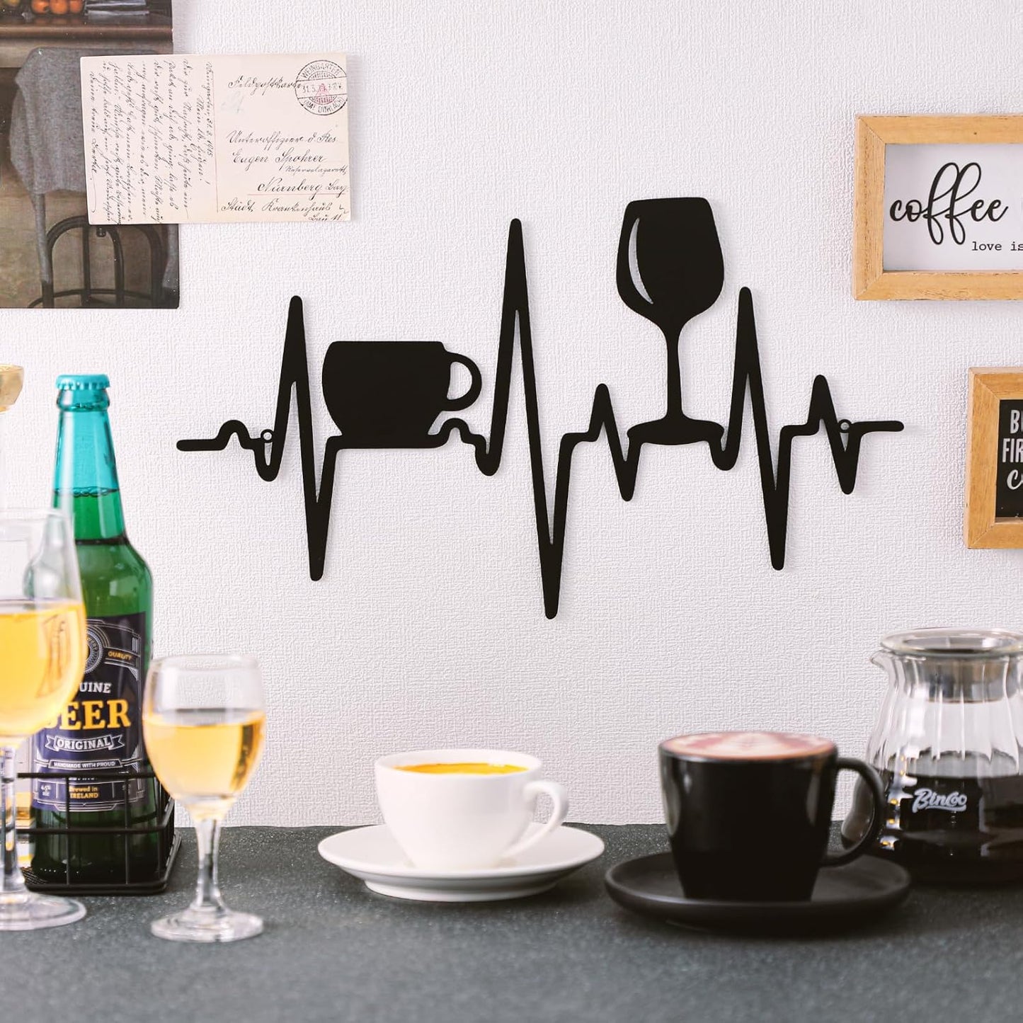 Blulu Heartbeat Coffee and Wine Bar Sign 15.75 x 9.04 Inch Rustic Black Metal Wine Art Wall Decor Wall Hanging for Farmhouse Kitchen Home Bar Cafe Decor