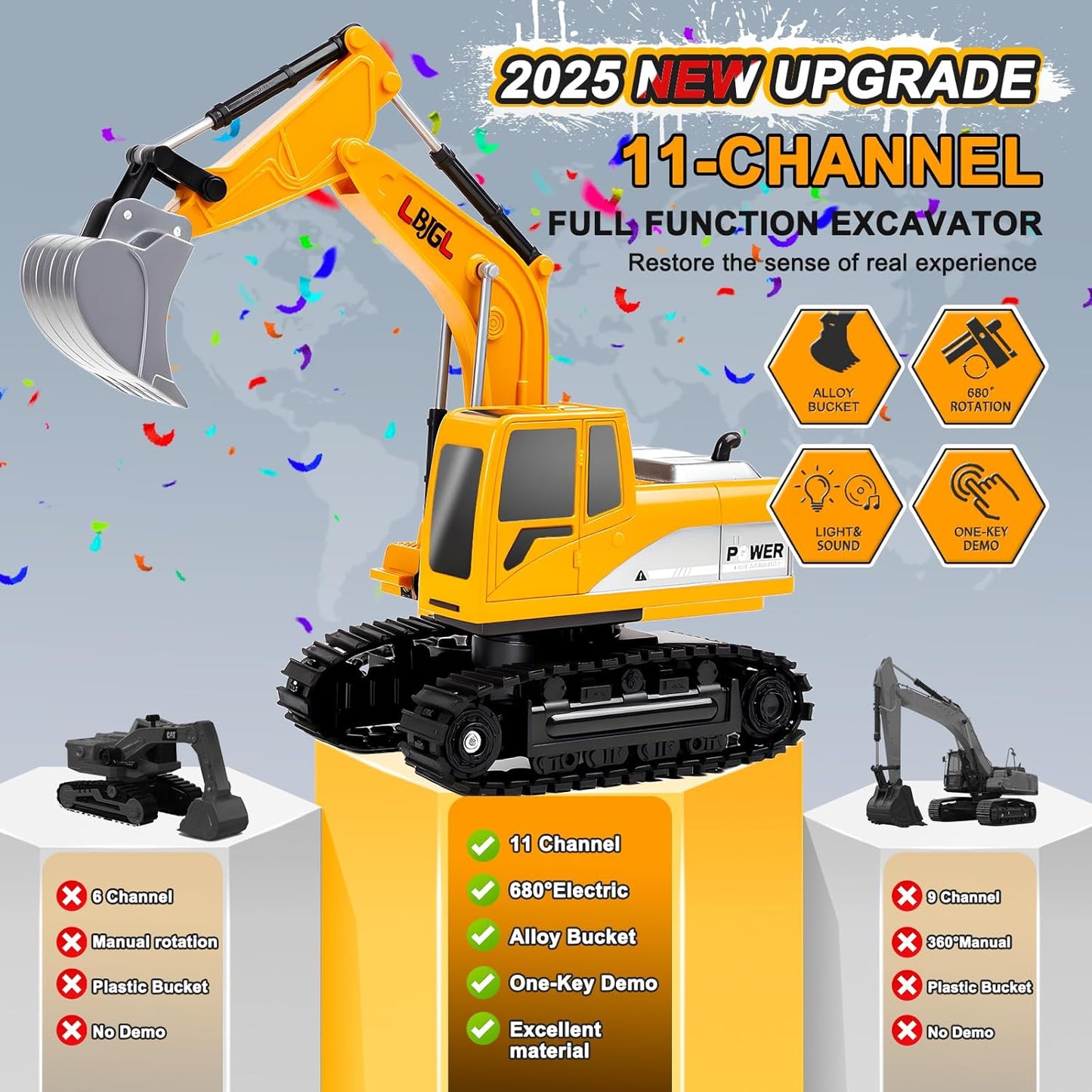 Remote Control Excavator Toy for Boys Kids, 1:24 RC Construction Vehicles with Metal Shovel, Realistic Lights & Sounds, Best Christmas | Birthday Gift for Boys & Girls 3-5 4-7 8-12 12+ Year Old Kids