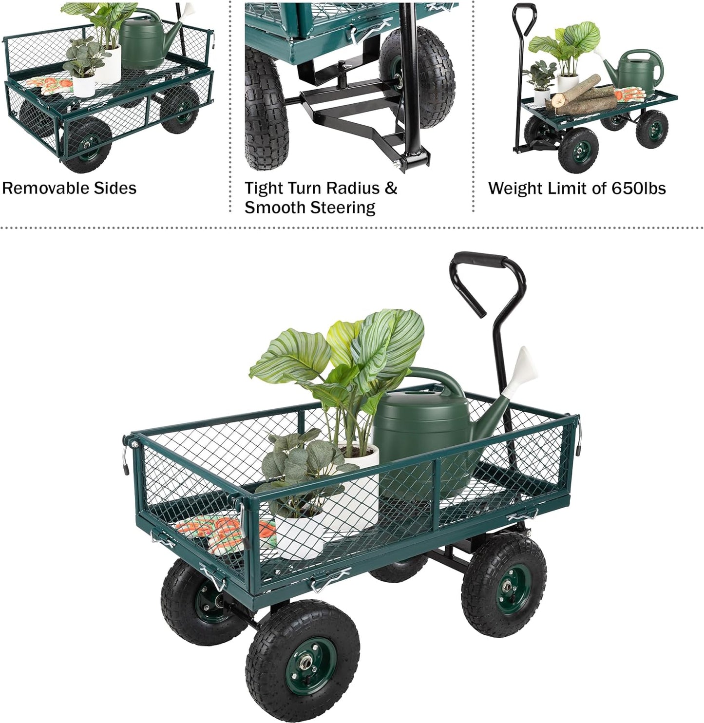 Garden Cart - Rolling Wagon Cart with 650lb Weight Capacity, All-Terrain Wheels, and Removable Sides - Garden Carts and Wagons by Pure Garden (Green)