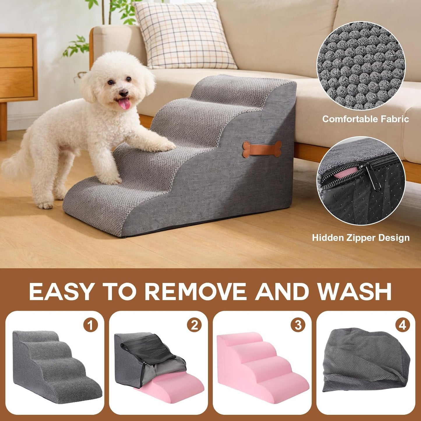 Dog Stairs for Small Dogs, 4-Step Pet Ramp for High Beds & Couches, 20" Height - Waterproof Foam Steps with Removable Washable Cover, Non-Slip & Sturdy for Cats and Senior Pets