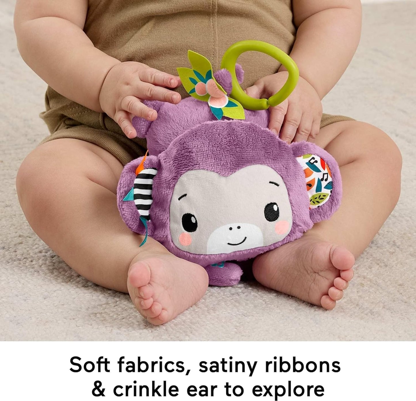Fisher-Price Baby Stroller Toy Sing & Go Purple Monkey Musical Sensory Plush with Crinkle & Clackers for Newborns from Birth+
