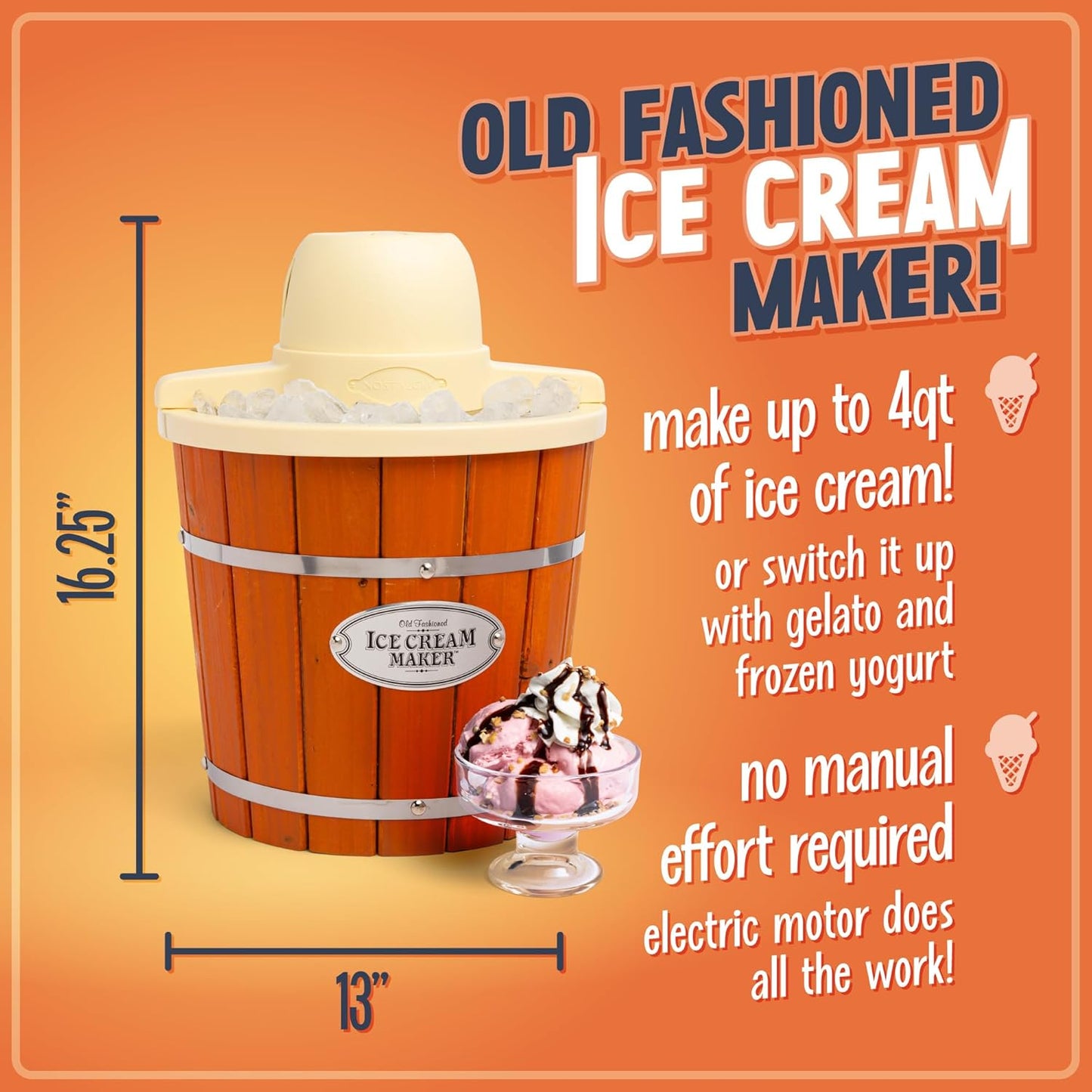 Nostalgia Electric Ice Cream Maker - Old Fashioned Soft Serve Ice Cream Machine Makes Frozen Yogurt or Gelato in Minutes - Fun Kitchen Appliance - Vintage Wooden Style - Light Wood - 4 Quart
