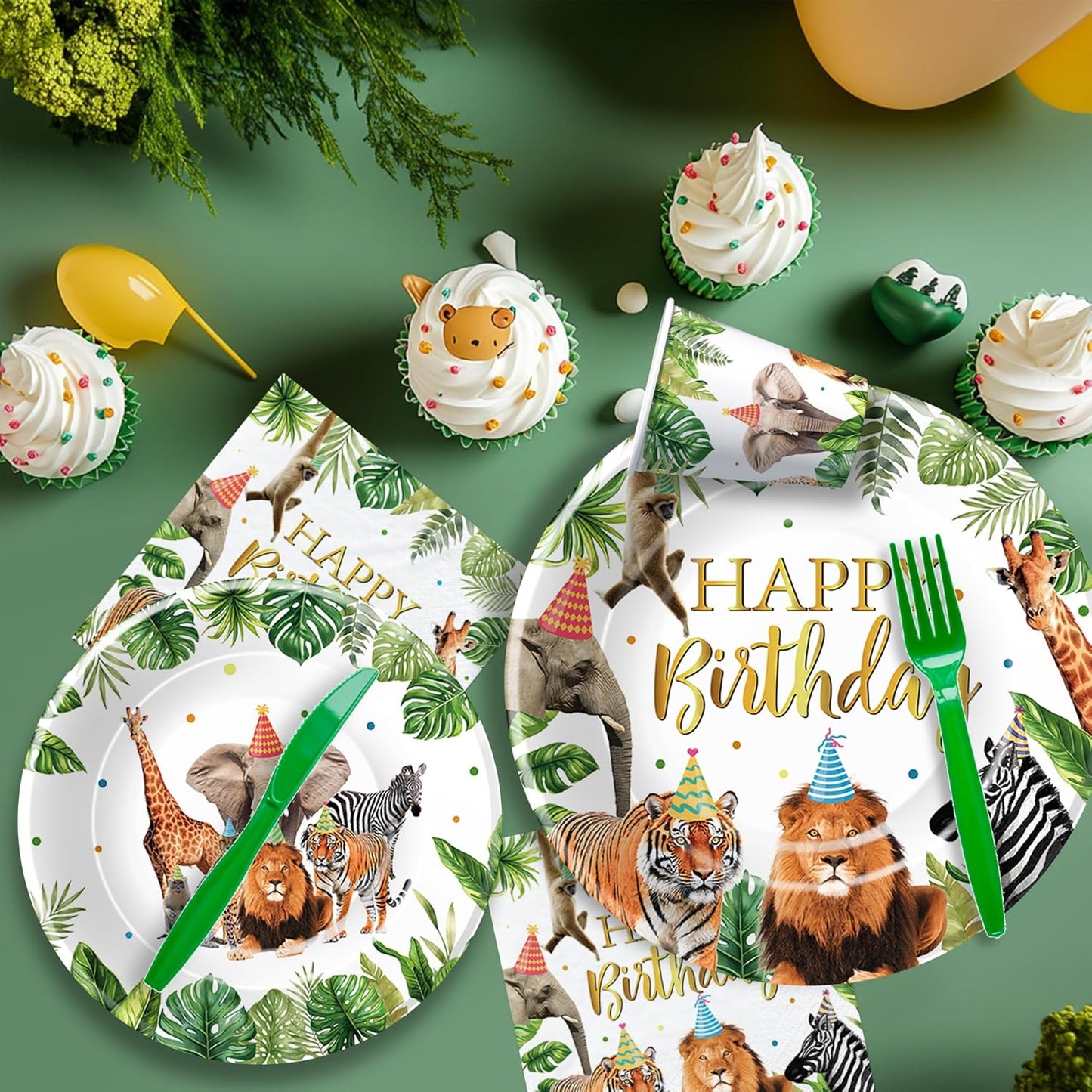 Jungle Safari Party Decorations for Birthday Baby Shower, Zoo Wild Animal Birthday Party Supplies, Paper Plates and Napkins Set, Cups, Straws, Cutlery, Tablecloth, 24 Guests