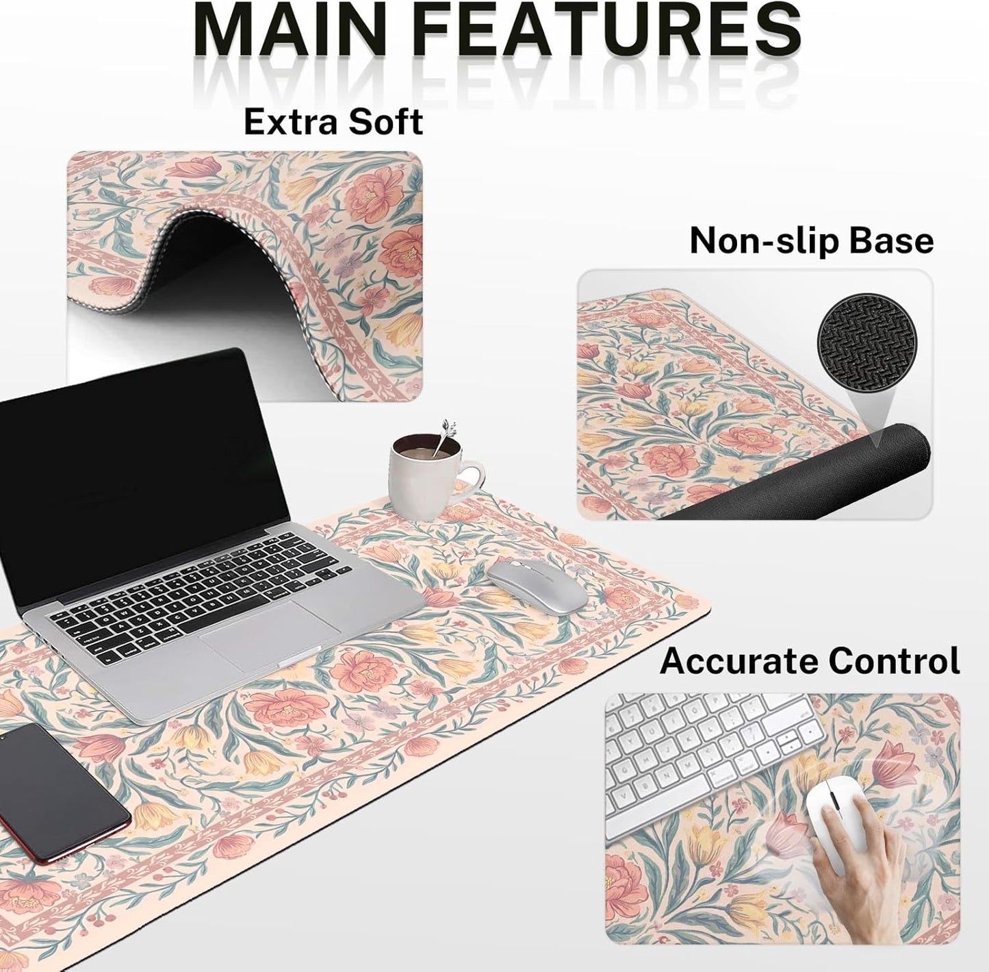 Britimes Pink Floral Keyboard Mouse Pad Set Retro 4in1 Large Mousepad+Keyboard Wrist Rest+Mouse Wrist Rest+Coaster Ergonomic Design for Home Office Computer 35.4x15.7 inches