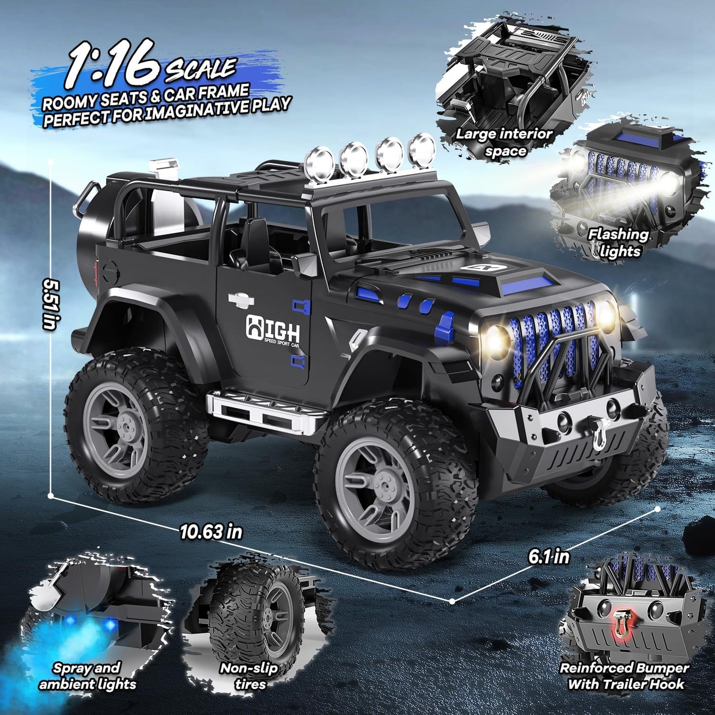 1:16 Remote Control Car with Spray, Lights and Sound, 2.4GHz Remote Control Jeep for Kids, All Terrain Off-Road Jeep RC Car Toys Gift for Boys and Girls