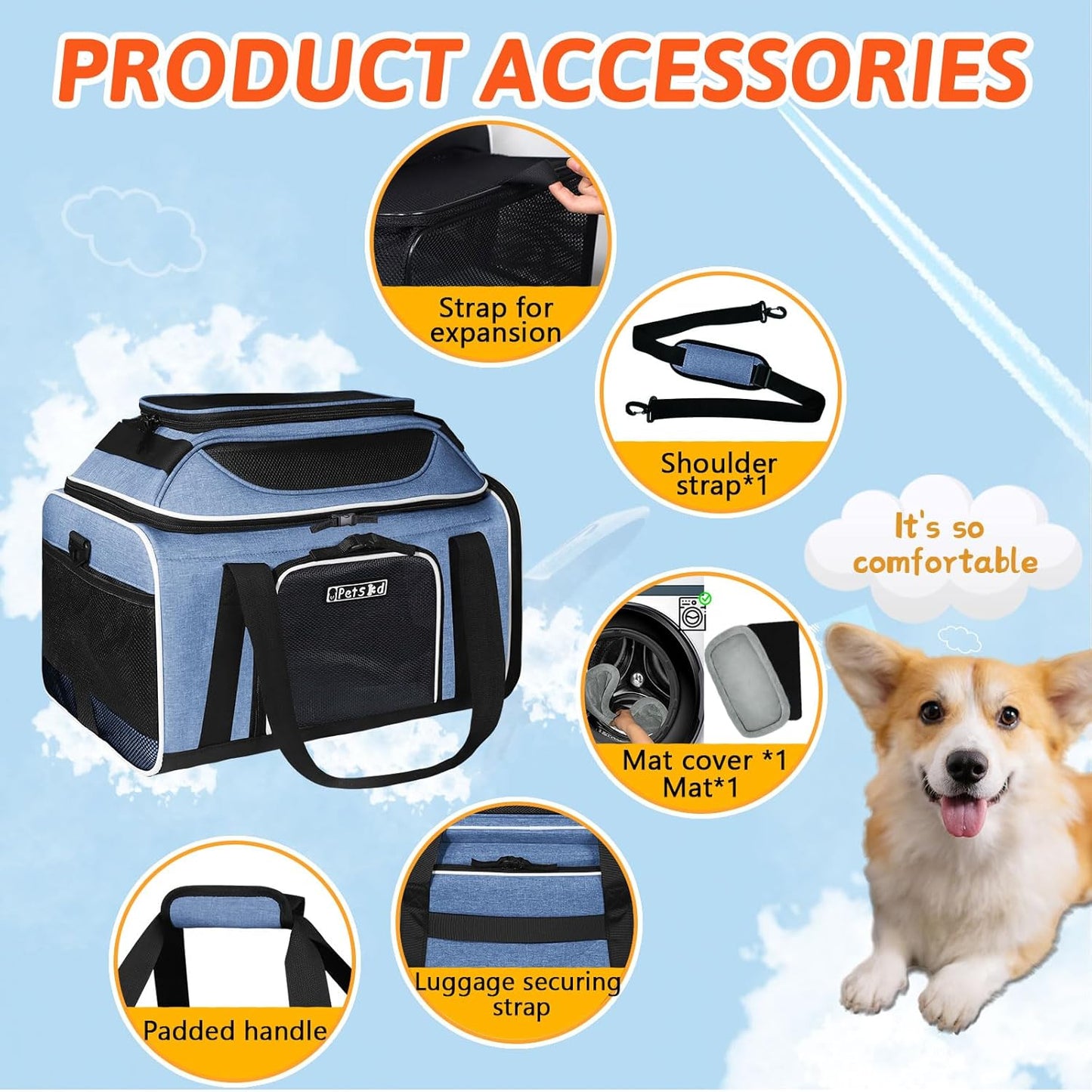 Petskd Top and Side Expandable Pet Carrier 18x11x11 Inches Delta United Airline Approved, Soft-Sided Carrier for Small Cats and Dogs with Locking Safety Zippers and Anti-Scratch Mesh(Blue)