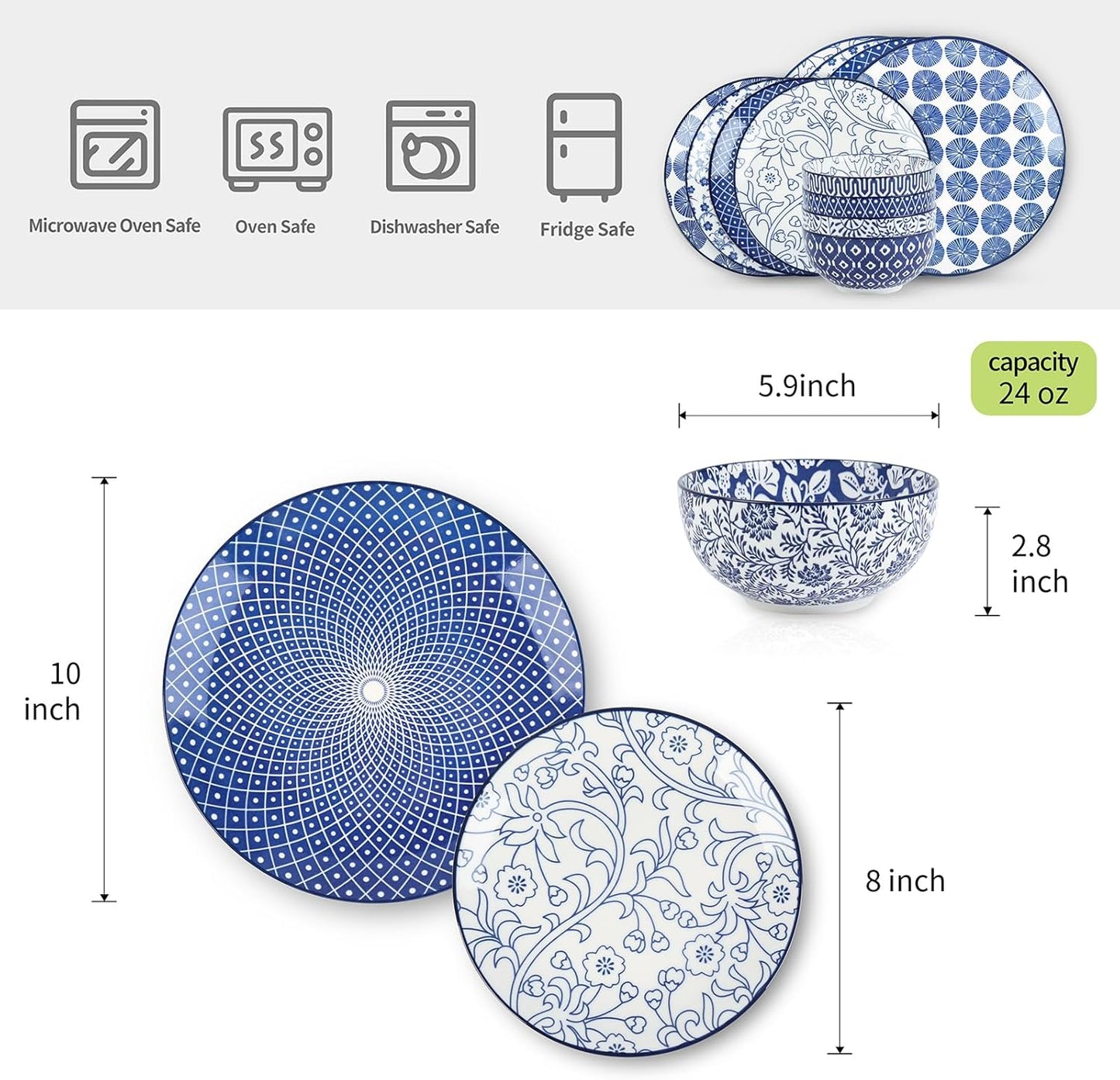 Selamica Ceramic Dinnerware Sets, 12-Pieces Plates and Bowls Sets, Scratch Resistant Dishes set for 4, Dishwasher & Microwave Safe,Vintage Blue