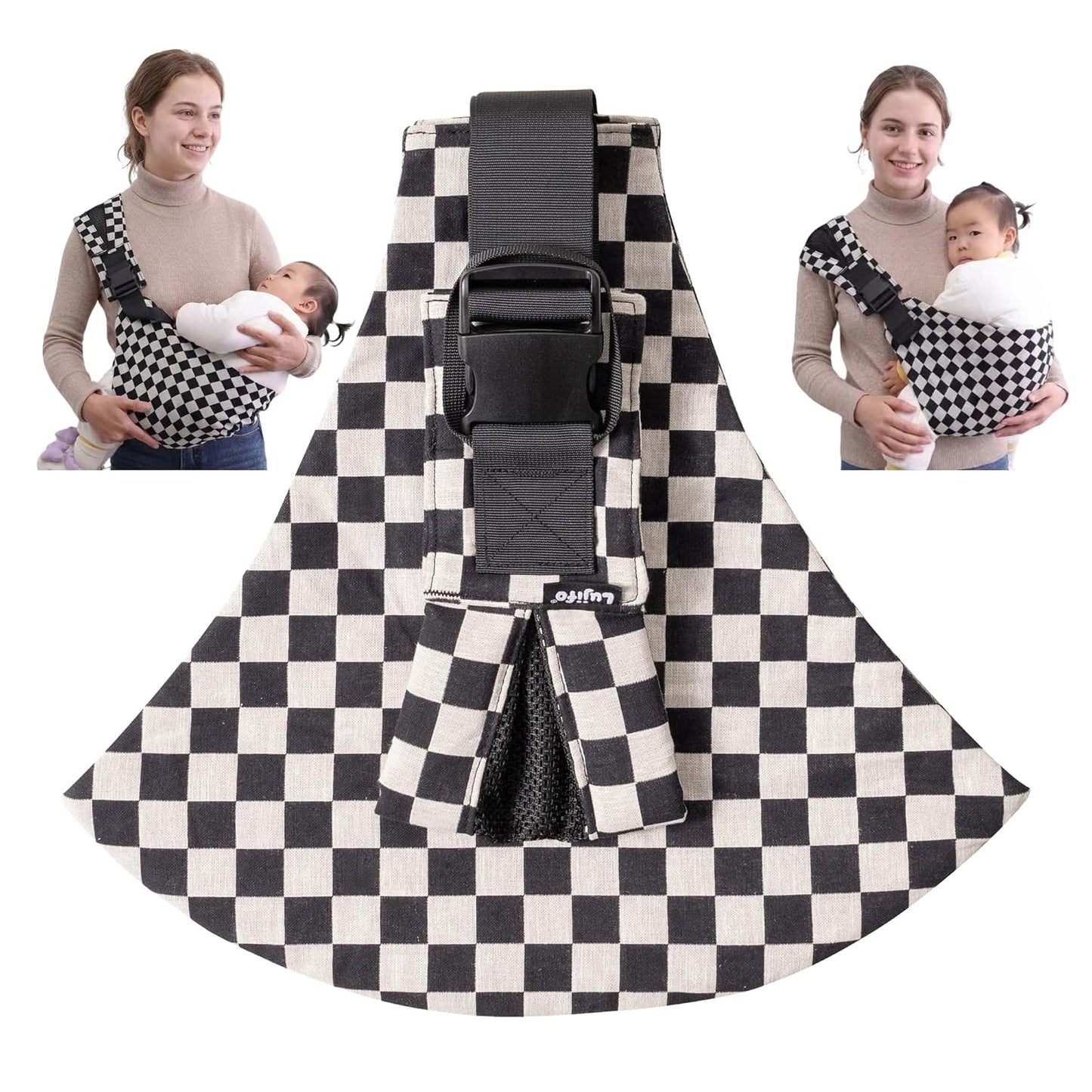 Baby Sling Carrier, Lightweight Portable Baby Carrier for Toddlers, Toddler Sling Carrier with Adjustable Front & Back Shoulder Straps – Fits Babies 6 to 48 Months (Ebony Check)