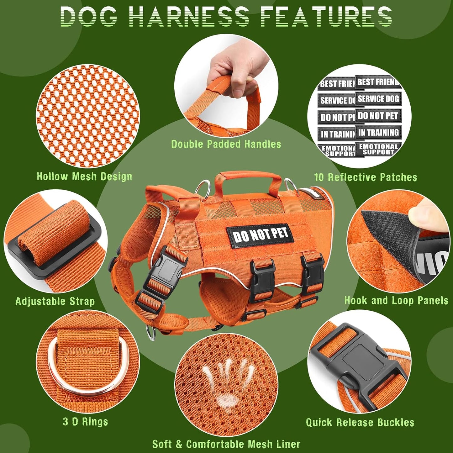 WINSEE Mesh Dog Harness with 10 Pet Patches for Small Service Dog in Training, Breathable Tactical Molle Vest with Double Handle, Reflective Military Pet Vest for Walking Hiking