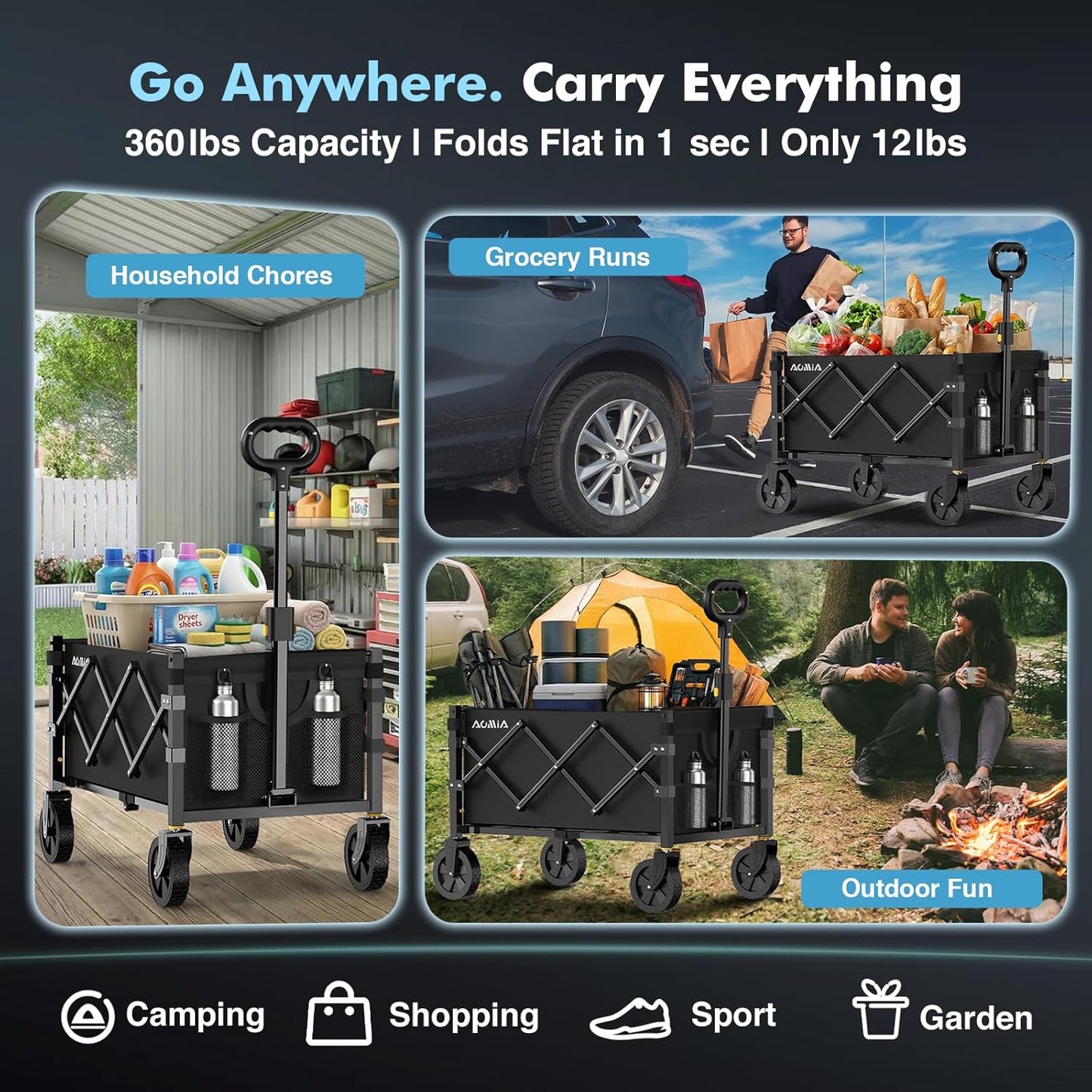 Collapsible Foldable Wagon with Wheels Heavy Duty Folding Wagons Carts 360LBS Weight Capacity Portable All Terrain Utility Wagon Cart for Groceries Sports Garden Shopping Beach