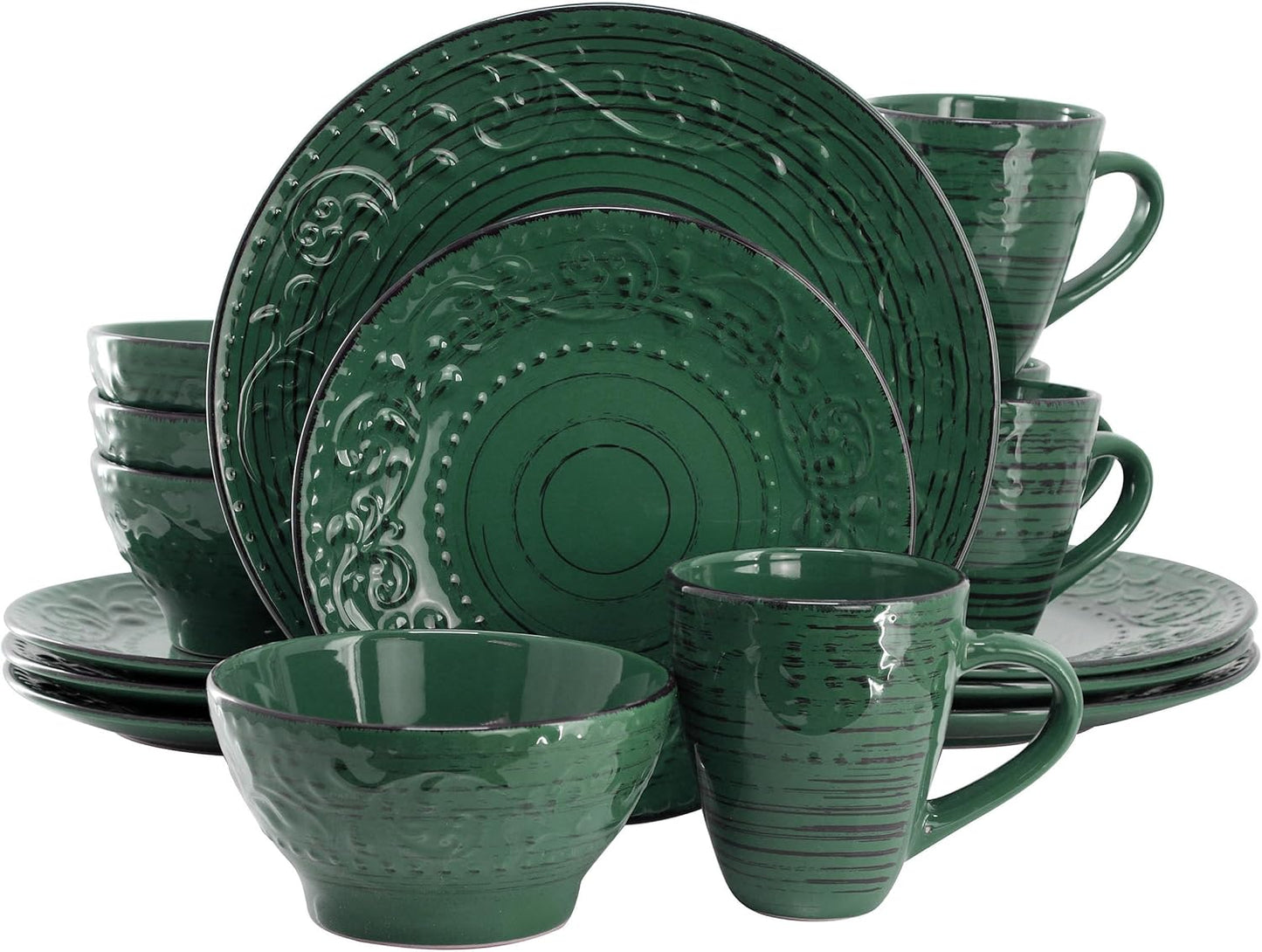 Elama Malibu Sea Glass 16-Piece Stoneware Embossed Pattern Reactive Glaze Dark Green Dinnerware Set, Tableware, Serveware Set (Sea Glass Green)
