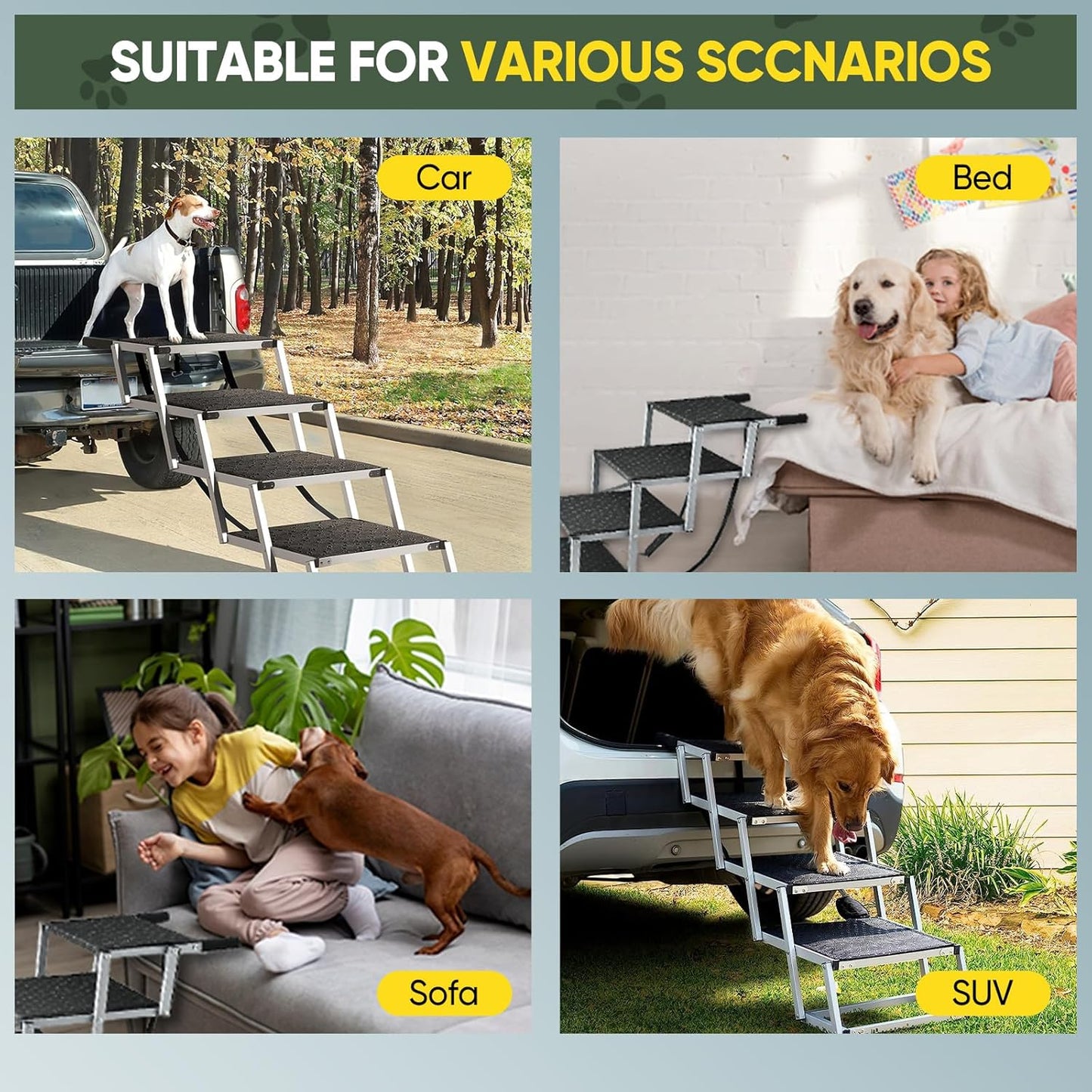 Dog Ramps for Car, 17.7inch Wide Foldable Dog Stairs with Non Slip Surface, Portable Pet Steps for SUV, High Beds, Truck, Support Up to 200lb, 5 Steps