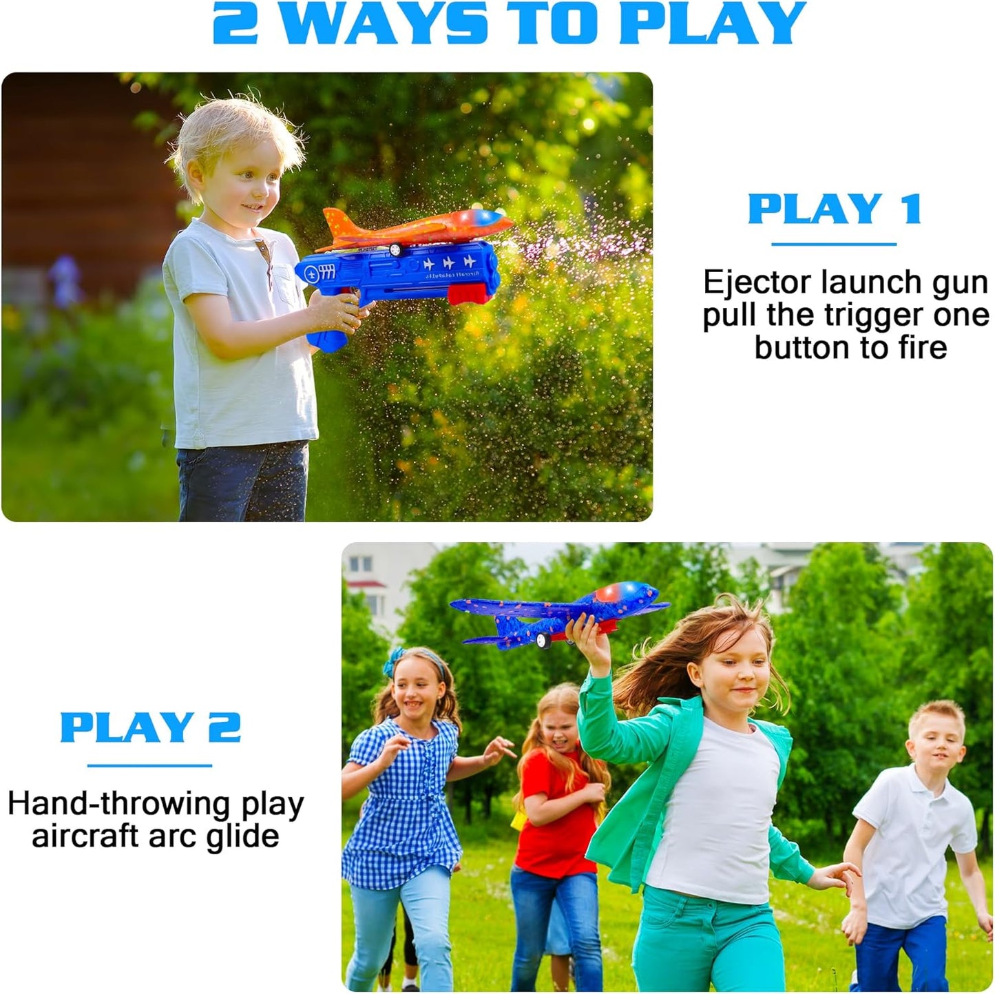 3 Pack Airplane Launcher Toys, 2 Flight Modes LED Foam Glider Catapult Plane, Outdoor Flying Toy for Kids, Birthday Gifts for Boy Girl 3+ Year Old, B-Day Party Supplies