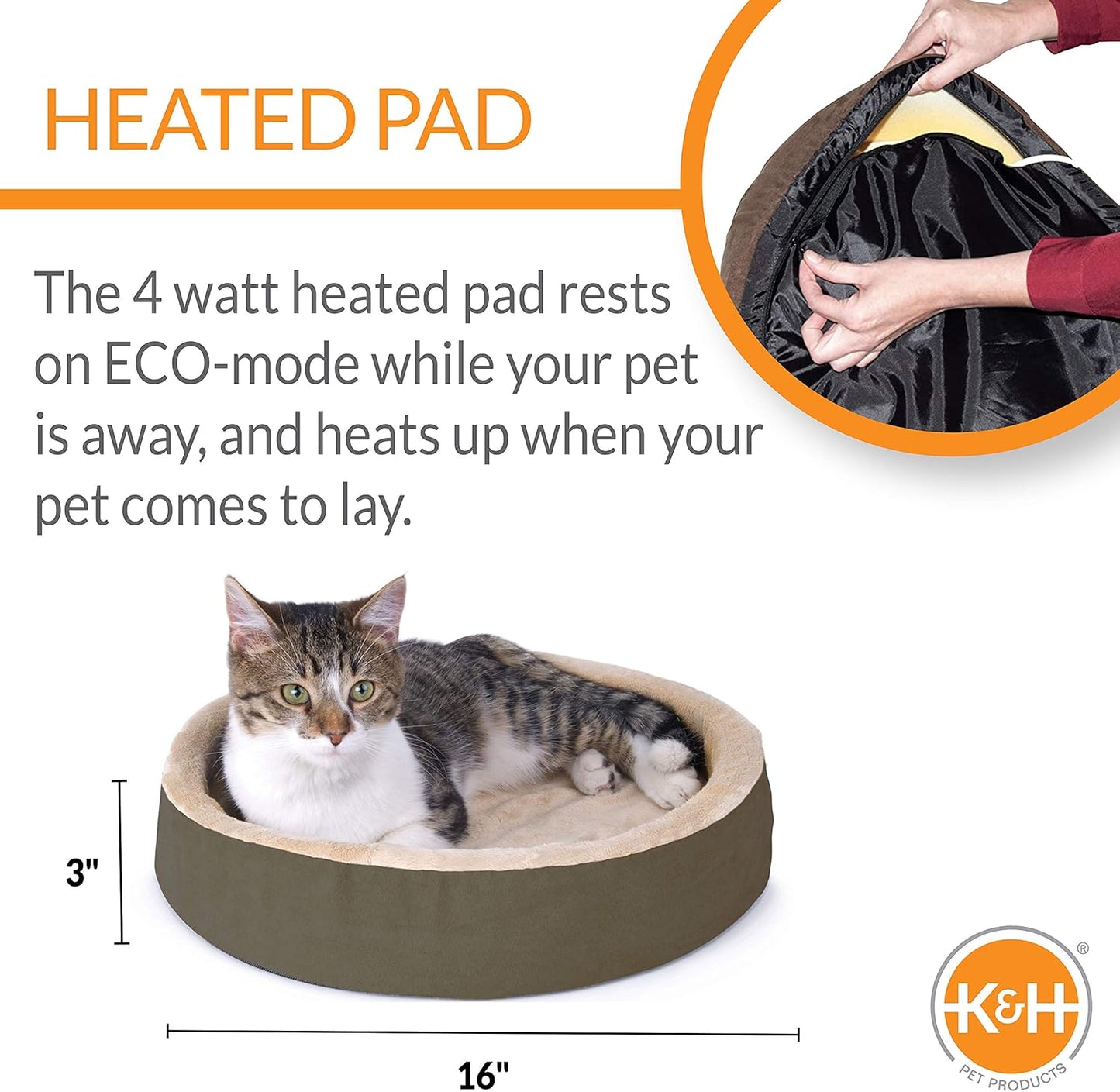 K&H Pet Products Thermo-Kitty Cuddle Up Heated Cat Beds for Indoor Cats & Dogs, Orthopedic Base Warming Pet Bed, Low Sides, Machine Washable, Removable Heated, Safety Listed - 16in Round Mocha/Tan