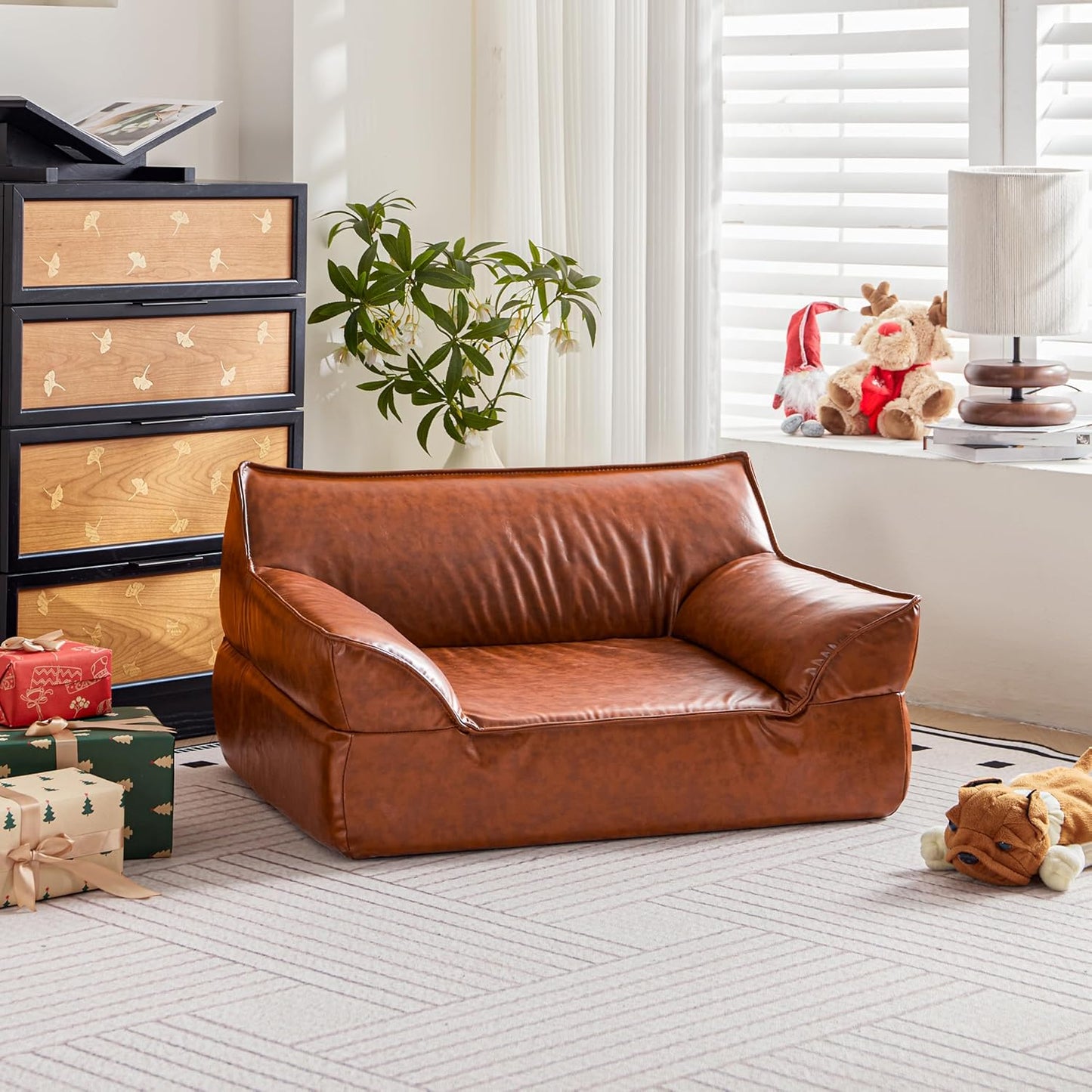 Leather Dog Couch Bed for Small and Medium Dogs Under 50 lbs, Brown Mid Century Modern Elevated Cat Sofa Bed Luxurious Indoor Furniture Style Pet Supplies for Puppy