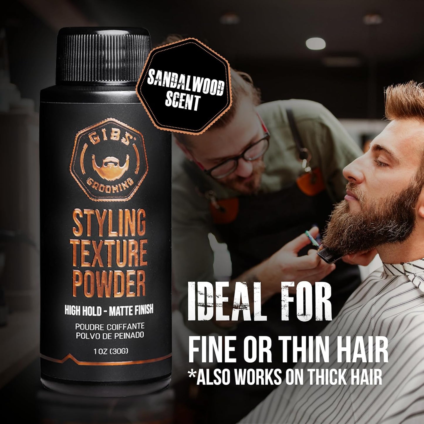 GIBS Grooming - Styling Texture Powder for Men and Women - High Hold - Matte Finish - All Hair Types - Texture, Volume, Grip - Silica - Sandalwood - Hair Styling Products - Travel Size - 1 oz (30g)