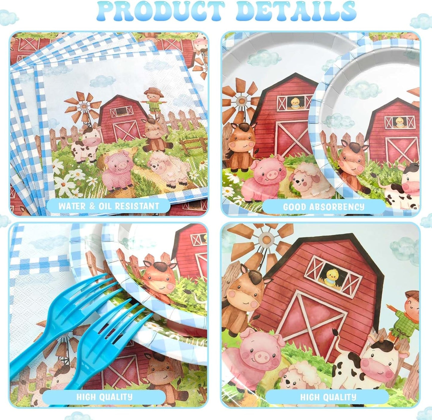 Farm Birthday Party Supplies for Boys Tableware Set, Farm Birthday Decorations, Farm Animal Birthday Décor Boy, Blue Farm Animal Themed Plates Napkins Forks, Serves 24 Guests