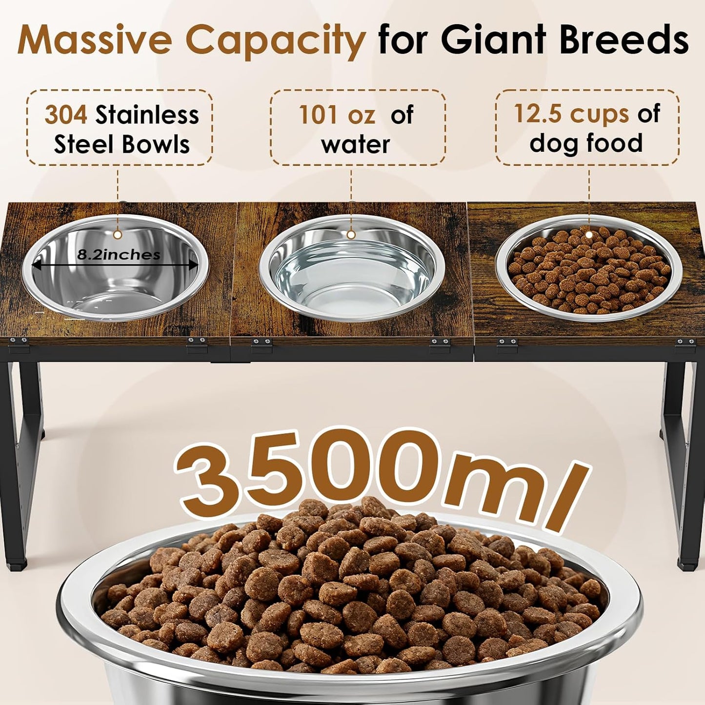 Elevated Dog Bowls Stand for Large Dogs - 3 Bowl Dog Feeder with Adjustable Height & Tilt, Stainless Steel Bowls & Wood Tray for Large Breeds, Triple Bowl Feeding Station, 3500ML*3 Capacity