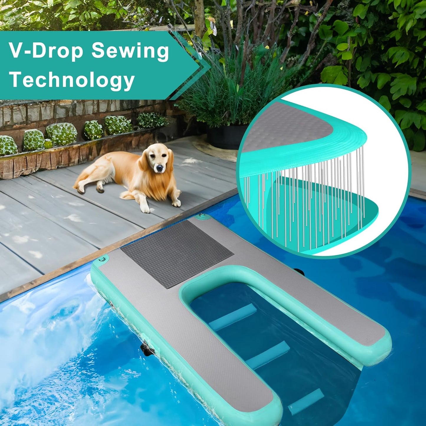 Inflatable Dog Water Ramp, High Stability Floating Ladder, Inflatable Non-Slip Steps, Mint Green Raft- Portable and Durable for Pools, Lakes, Docks and Boats（Up to 230lbs）