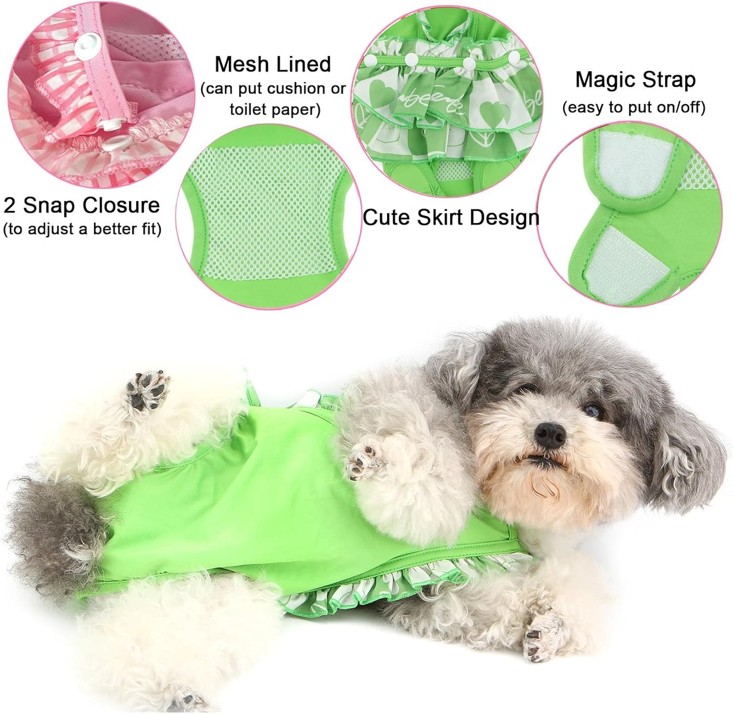 Zunea Washable Female Small Dog Diapers for XS/S Size Dogs Adjustable Suspender Reusable Puppy Sanitary Diaper Pantie Cute Love Print Nappies Skirt for Doggy Chihuahua Yorkie in Heat Green M