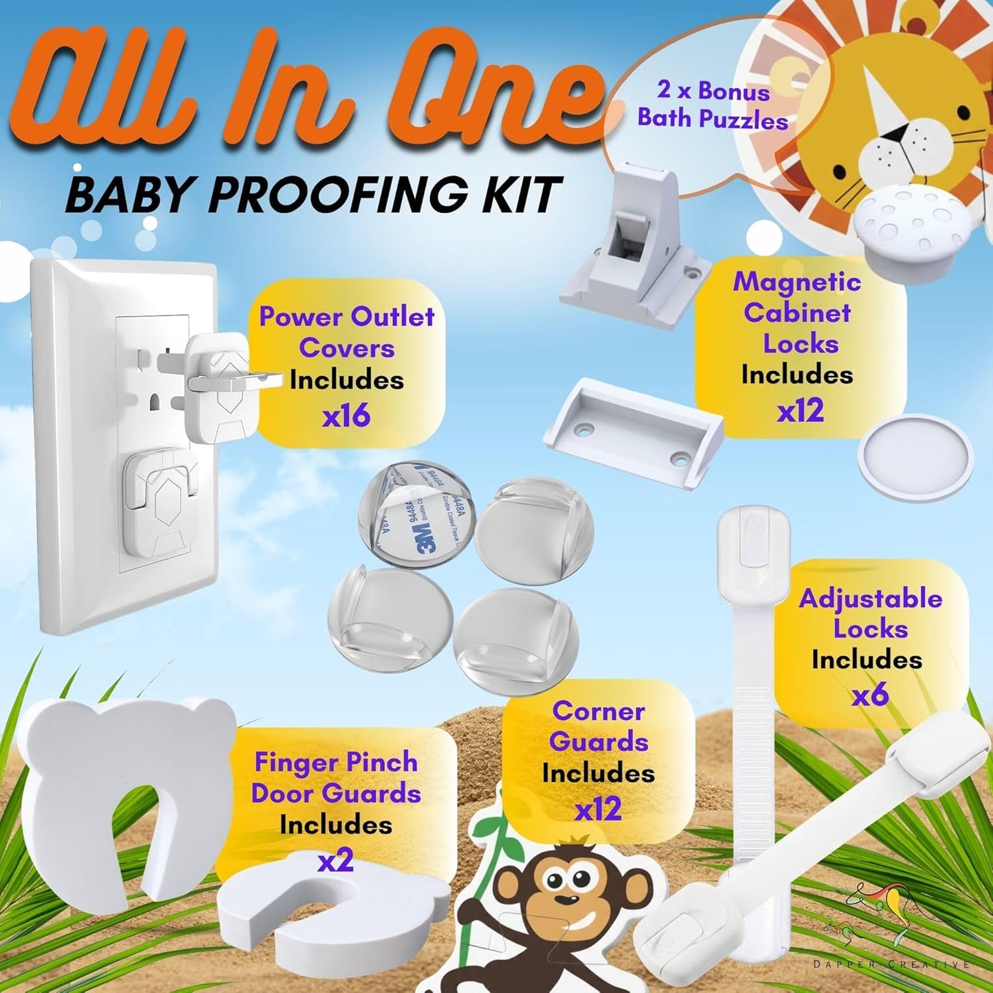 Child Safety Kit - 67 Pack Baby Proofing Essentials | Magnetic Cabinet Locks, Power Point Outlet Covers, Clear Corner Protectors, Strap Locks, Finger Pinch Guards | Bonus Bath Toys