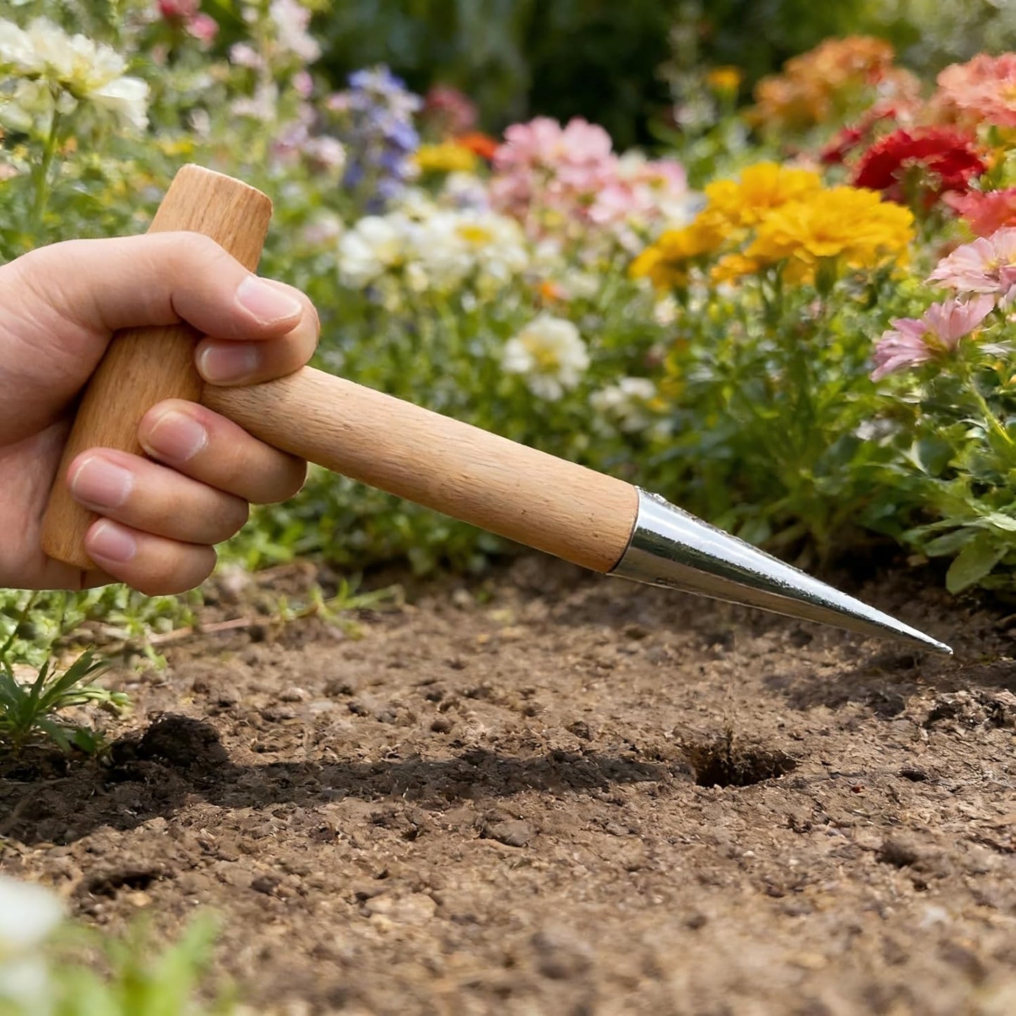 Seed Dibber Planter Tool, Bulb Hand Dibbler Gardening Tool with Depth Markings, 11'' Garden Wooden T-Handle Bulb Planting Tool with Metal Tip for Garlic, Tulips, Daffodils, Vegetable & Flower