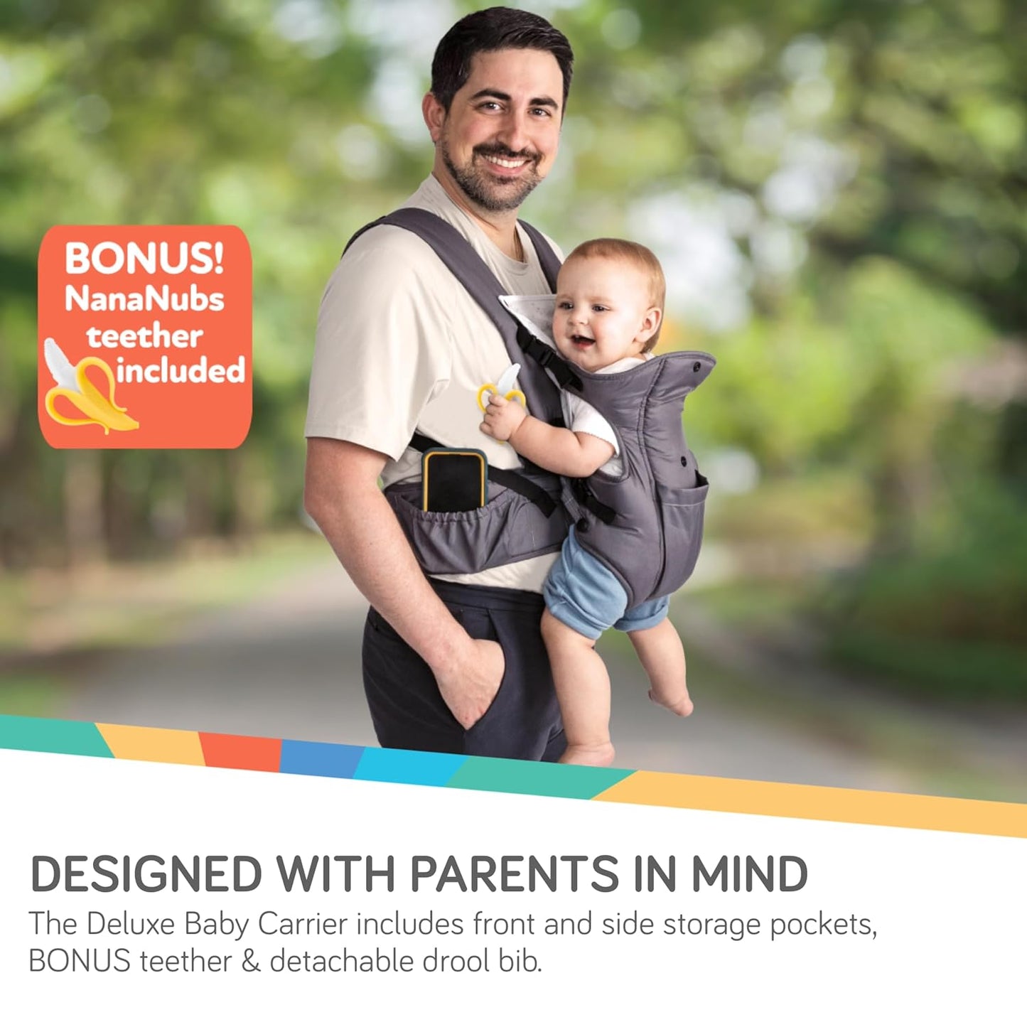 Nuby Deluxe Baby Carrier: Newborn to Toddler with Lumbar Support for 7.7-32.8 lb. (3.5-14.9 kg) | Lightweight Breathable Mesh Fabric | Bonus Teether | Removeable Baby Drool Bib | Color: Grey