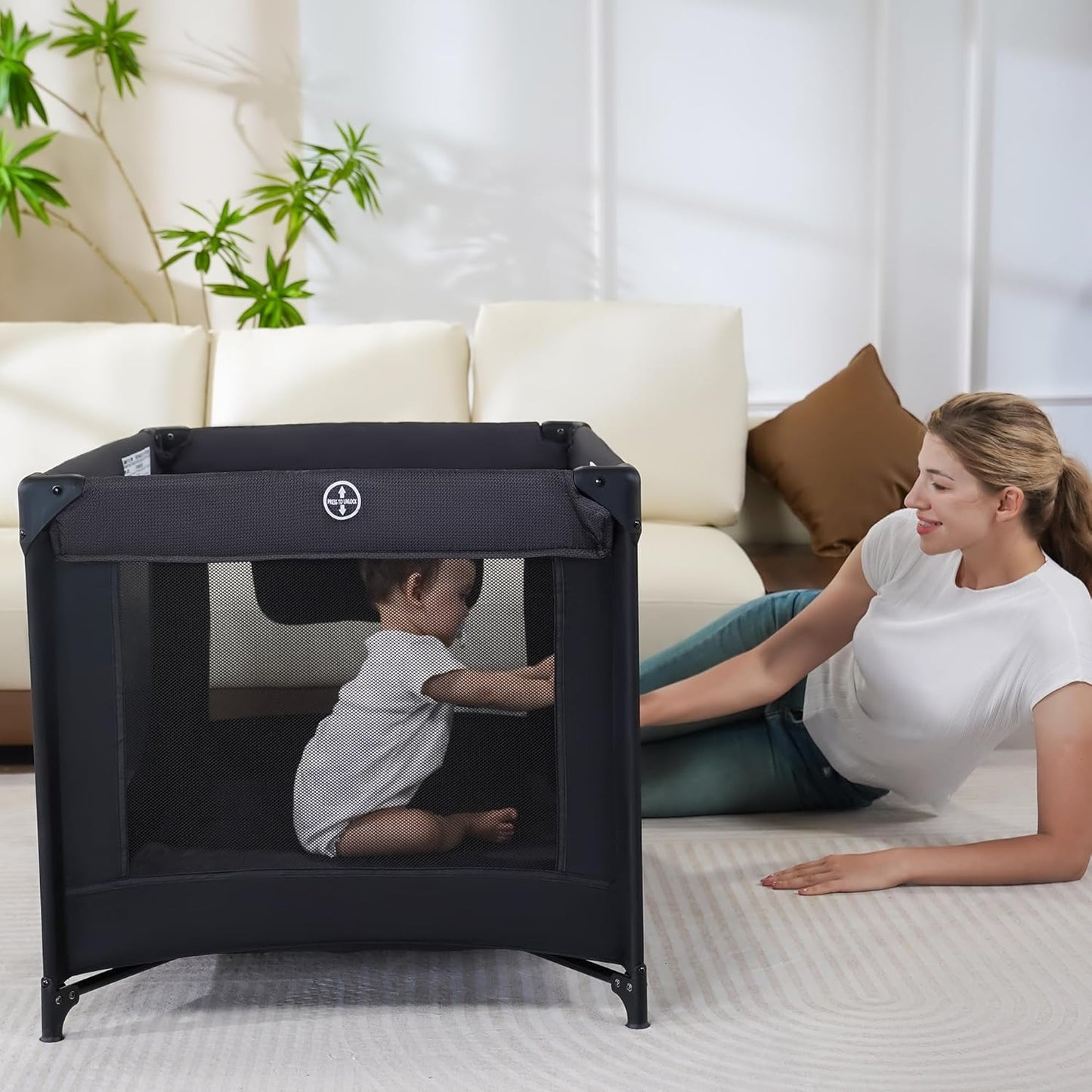 Pamo Babe Compact Pack and Play - Portable Crib for Baby, Lightweight Foldable Travel Playard with Mattress Pad & Carry Bag, Safe Breathable Travel Bed for Home, Trips & Family Visits, Black