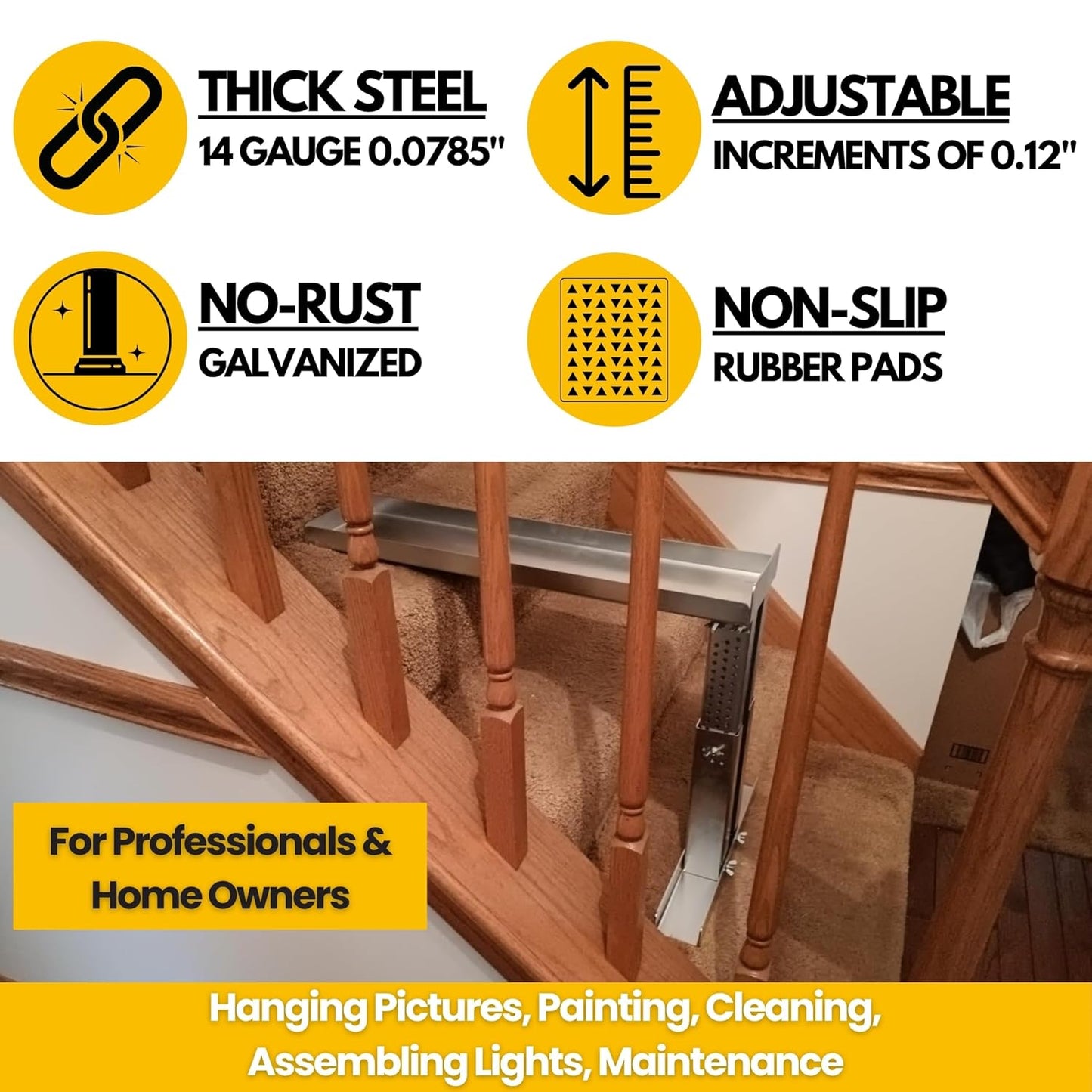 Renovatio Stair Ladder Platform – Ladder Extender & Ladder Leveler for Stairs, Heavy-Duty Adjustable Stabilizer Feet, Galvanized Steel Stairwell Scaffold Platform, 450 lb Load, 24" x 5.5"