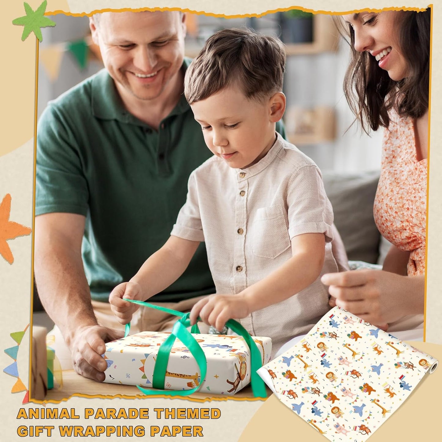 Booson Animal Parade Kids Wrapping Paper Roll -Mini Roll- 17In x 32.8Ft Cute Animal Parade Premium Gift Packing Wrap Craft Paper for Birthday Baby Shower Party Supplies