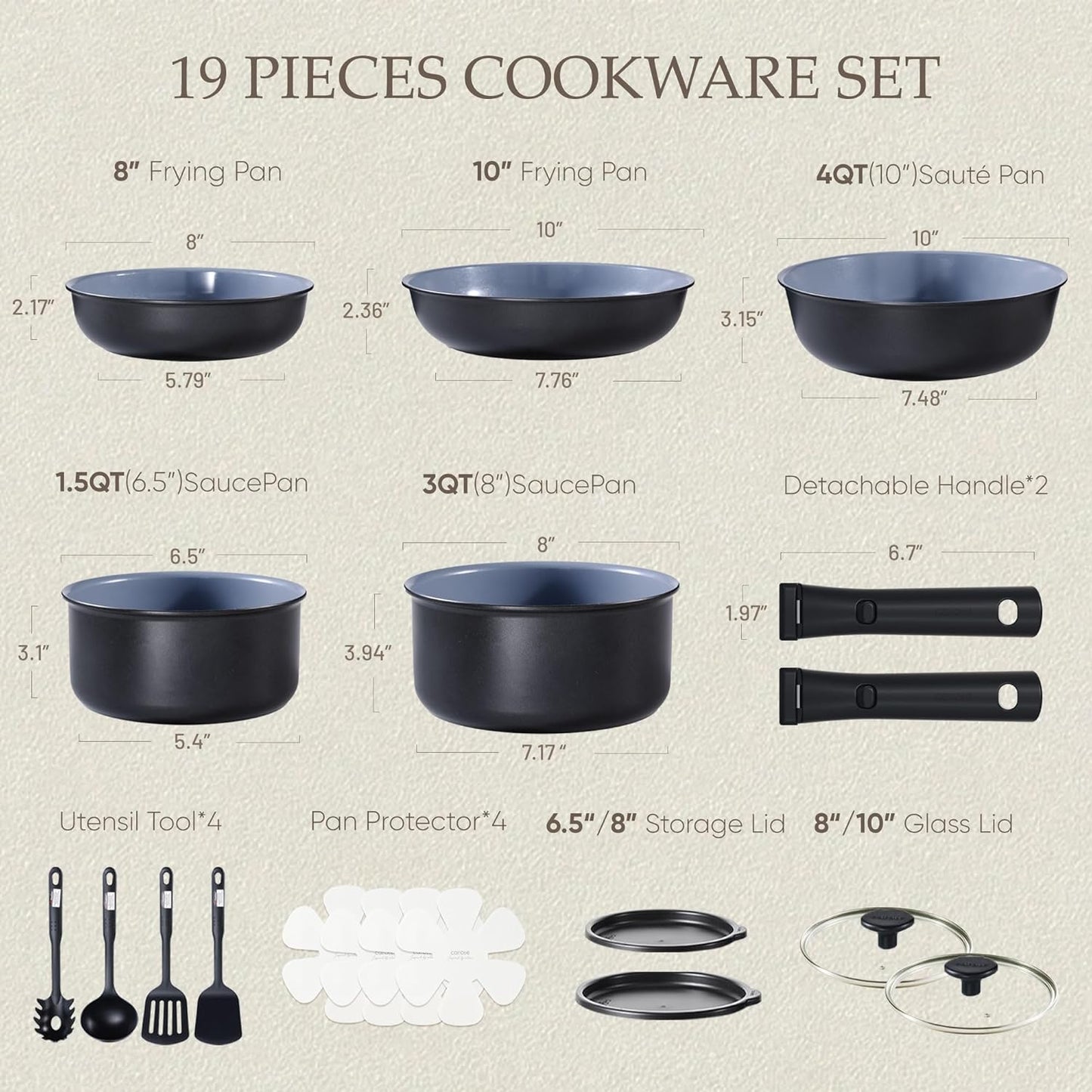 CAROTE 19PCS Ceramic Cookware Sets, Black and Gray, Pots and Pans Set Non Stick Non Toxic, Induction Cookware, Kitchen Cookware Sets, Pots Set for Healthy Cooking
