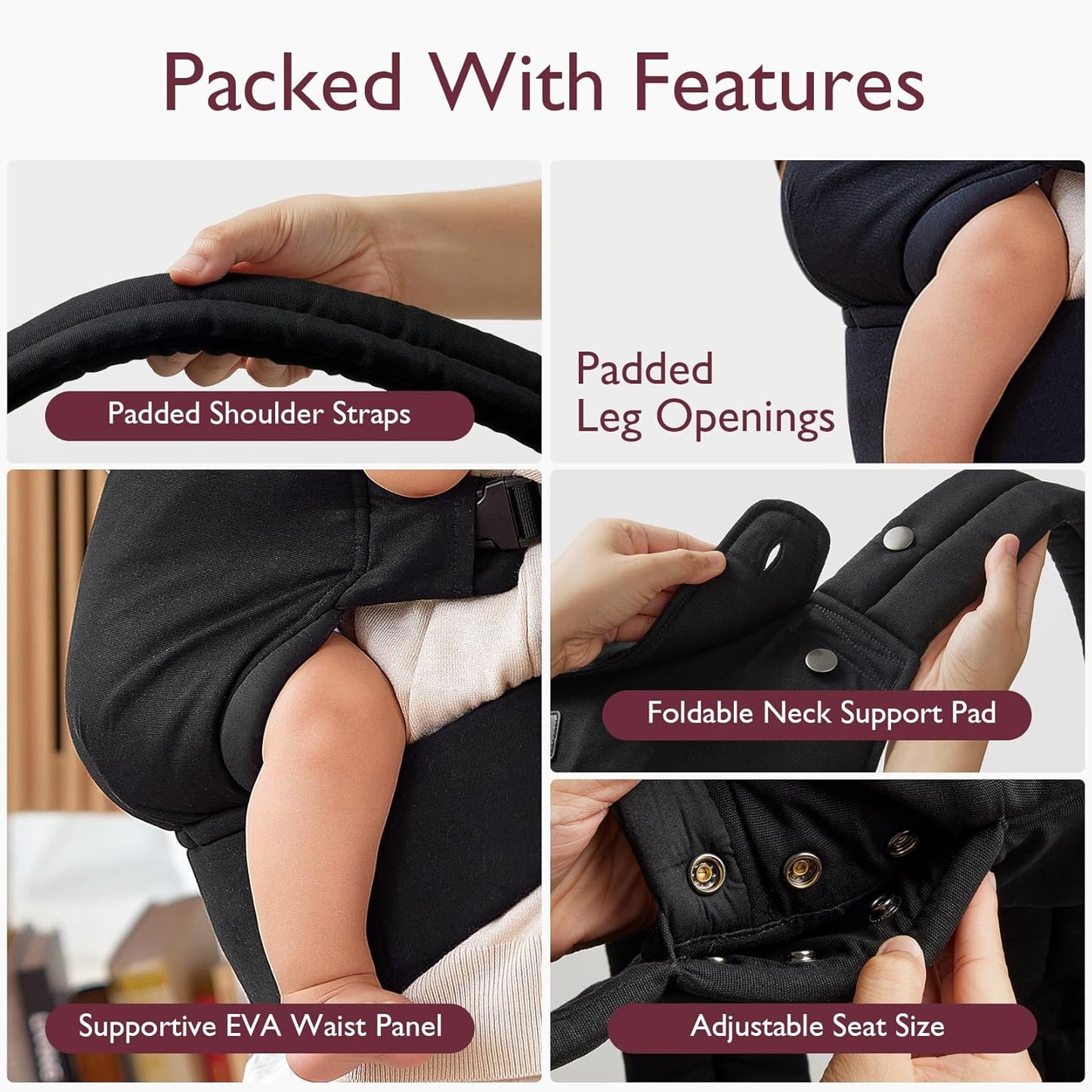 Momcozy Baby Carrier - Ergonomic, Cozy and Lightweight Carrier for 7-45lbs, Effortless to Put On, Ideal for Hands-Free Parenting, Enhanced Lumbar Support, Purehug for Infant to Toddler, Black