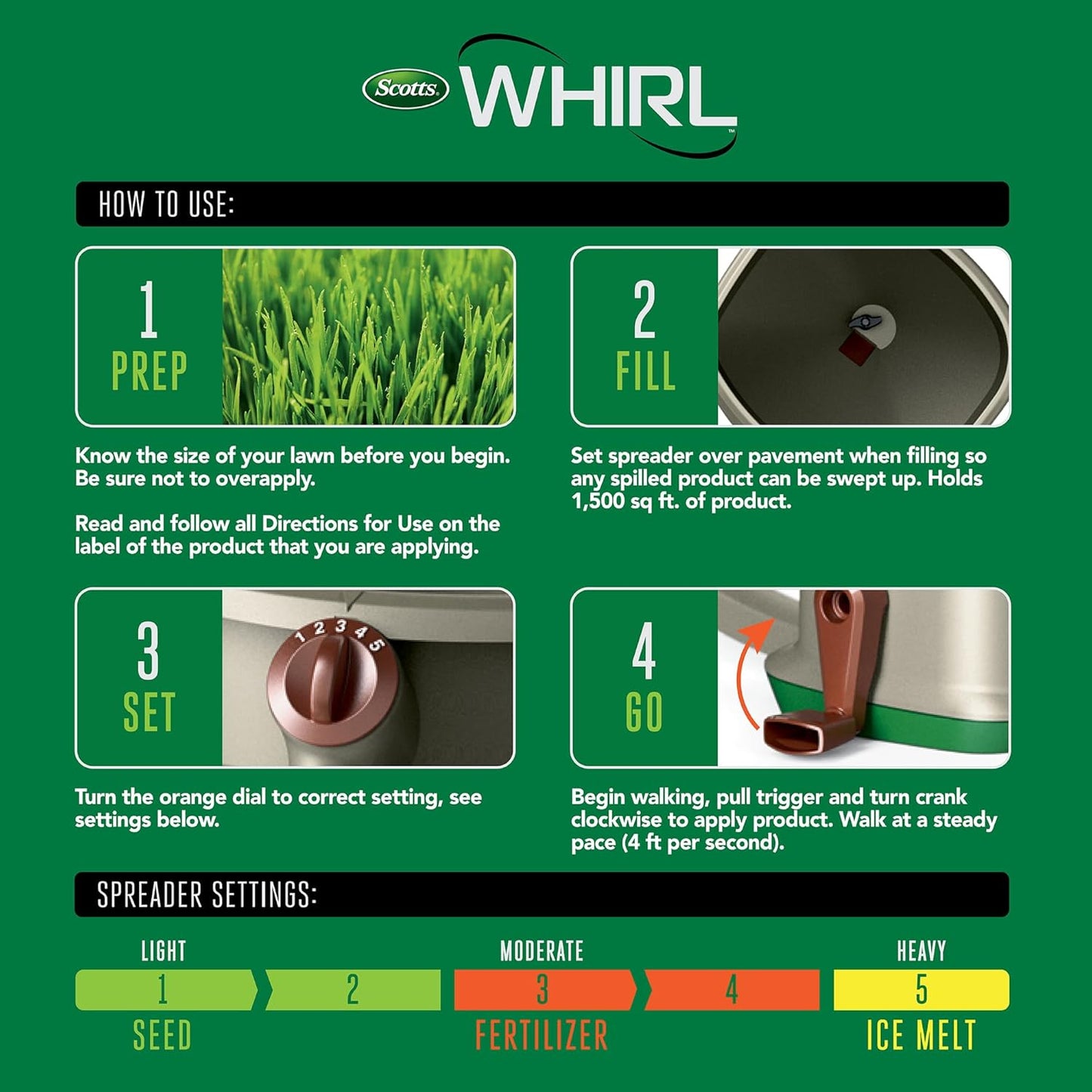Scotts Whirl Hand-Powered Spreader for Grass Seed, Fertilizer, Salt, Ice Melt, Handheld Spreader Holds up to 1,500 sq. ft. Product