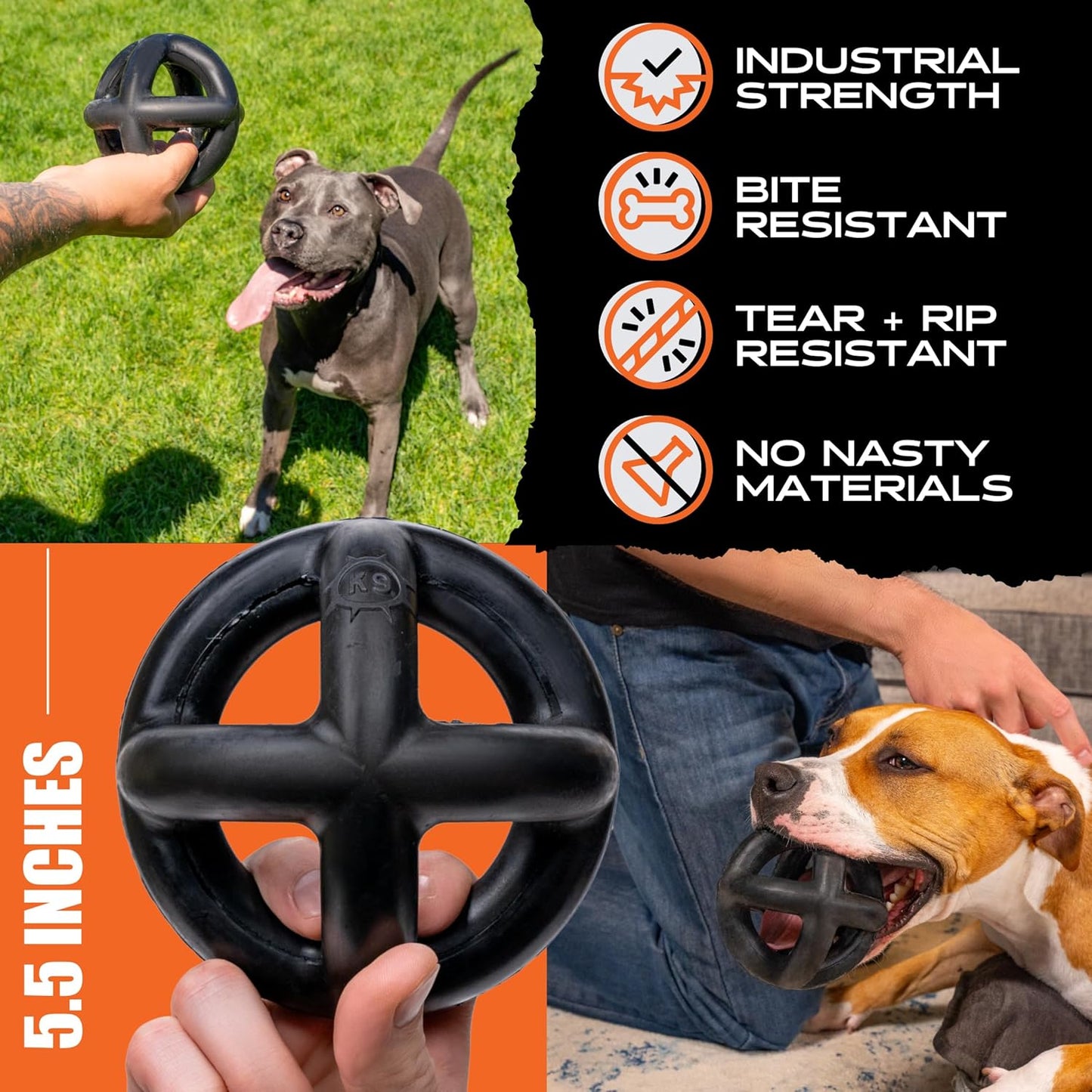 Monster K9 Indestructible Dog Ball – Lifetime Replacemnet - Durable Dog Toy for Aggressive Chewers - Safe, Non-Toxic Natural Rubber - Chew, Tug & Fetch - Tough, Heavy Duty - 5.5” (2X Tennis Ball Size)