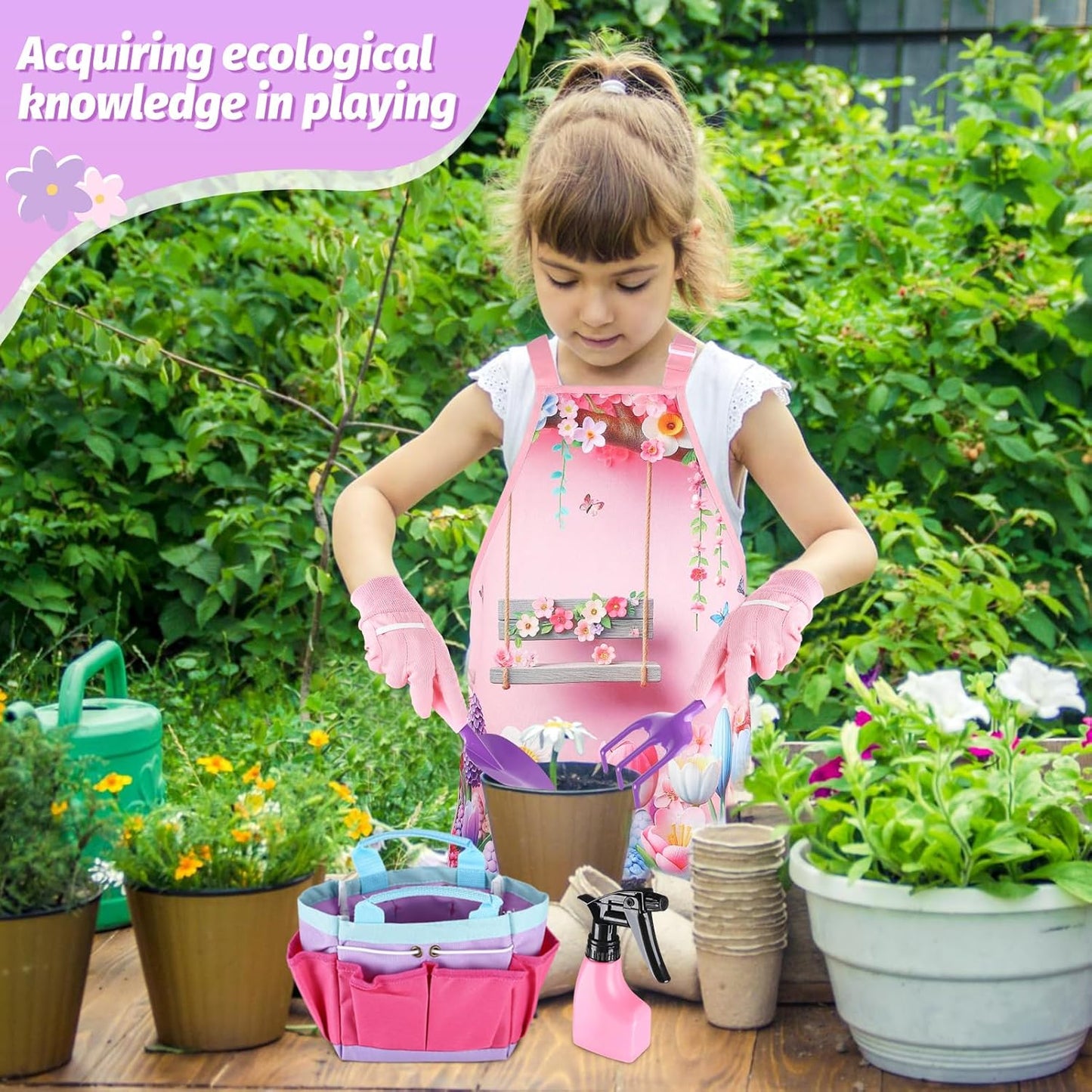 Kids Gardening Tool Set - Garden Tools for Kids with Shovel Trowel Rake Apron Gloves Watering Can and Tote Bag, Outdoor Toys Great Gifts for 3 4 5 6 7 8+ Years Old Girls (Flower Style)