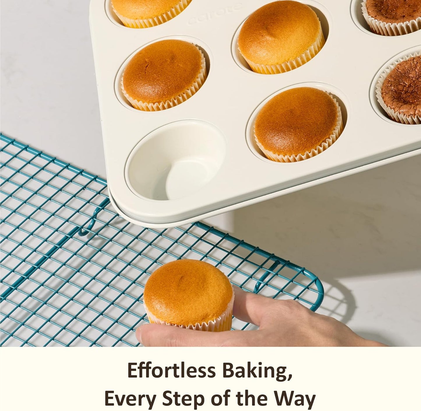 CAROTE 6-Piece Nonstick Ceramic Baking Pans Set - Bakeware Sets Including Cookie Sheets for Baking, Muffin Pan, Bread Pan, Cake pan, Loaf Pan, Cooling Rack, Light Blue & Cream White